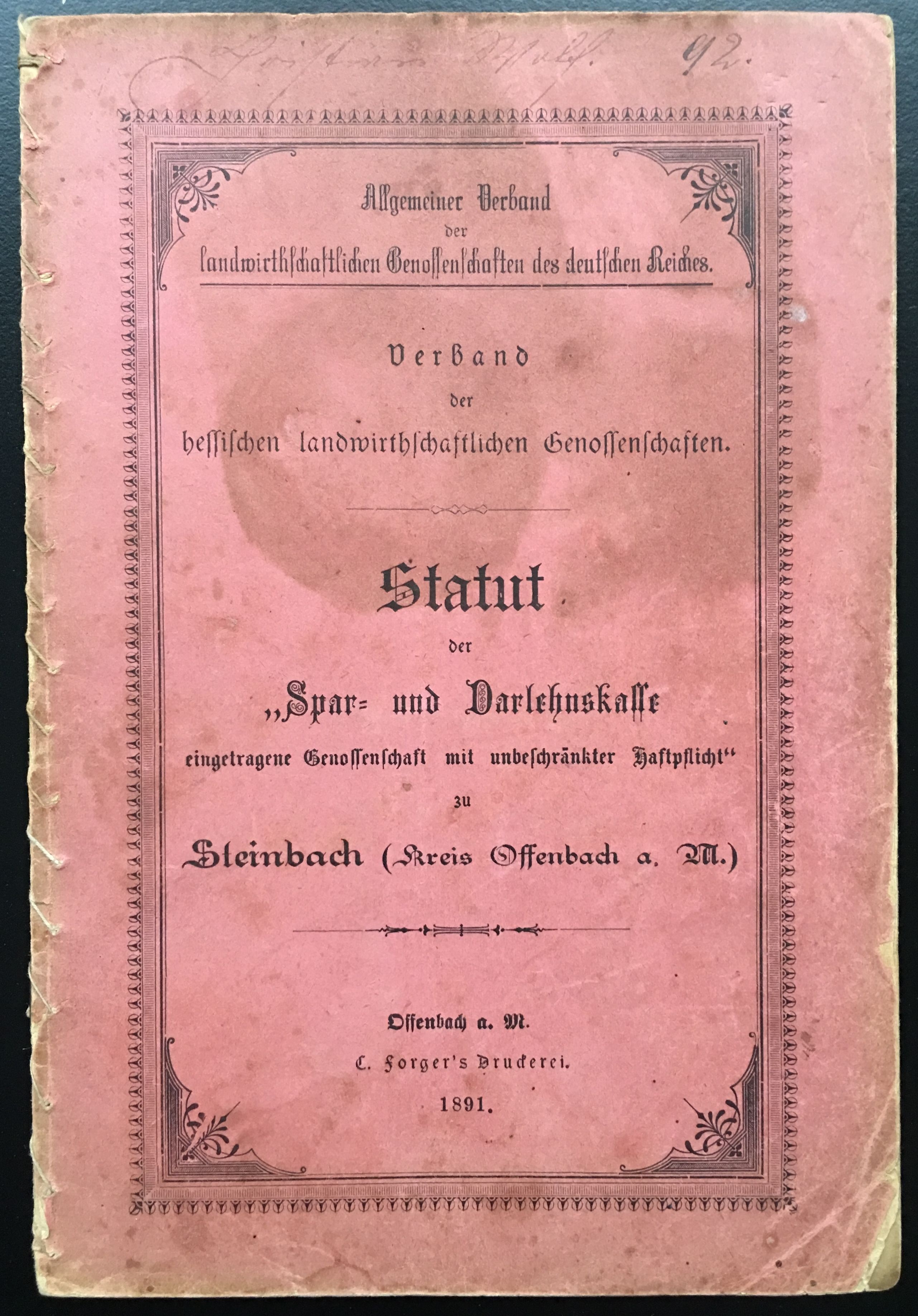 Statut der Spar- und Darlehenskasse Steinbach 1891 (Taunus-Rhein-Main - Regionalgeschichtliche Sammlung Dr. Stefan Naas CC BY-NC-SA)