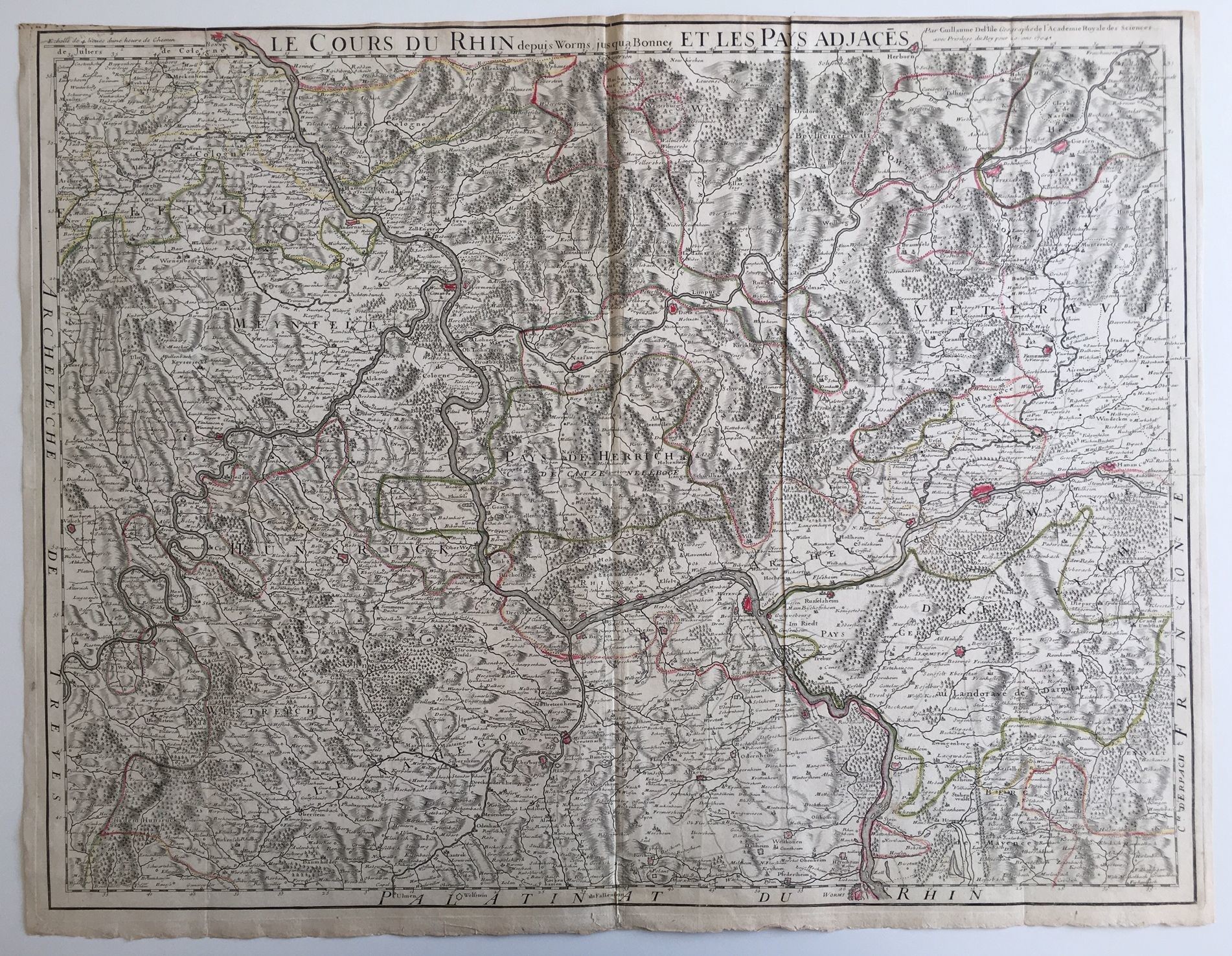 Guillaume de L'Isle, Le Cours du Rhin dépuis Worms jusqu' a Bonne et les Pays adiacens, nach 1730. (Taunus-Rhein-Main - Regionalgeschichtliche Sammlung Dr. Stefan Naas CC BY-NC-SA)