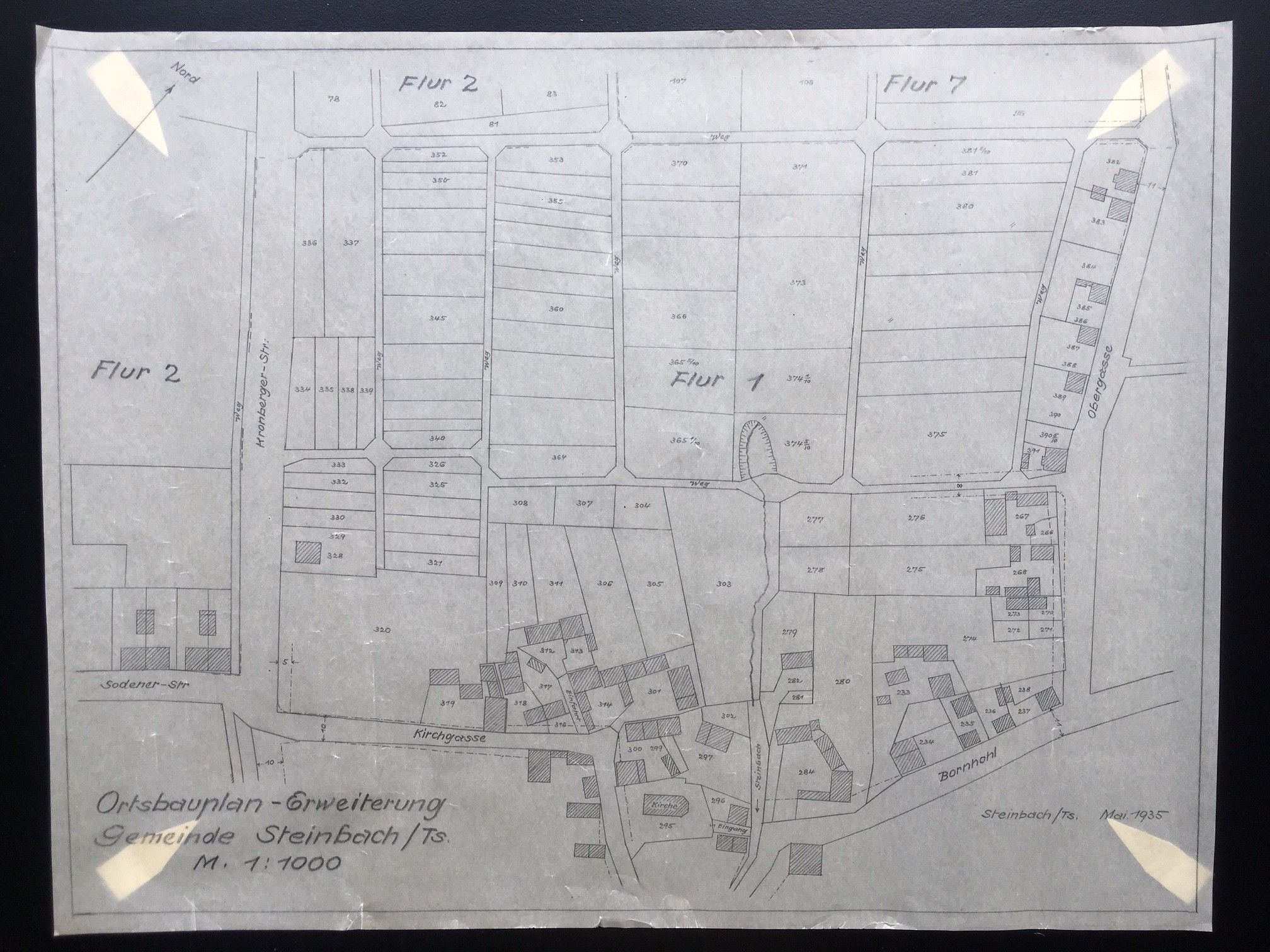 Manuskriptkarte, Ortsbauplan-Erweiterung Gemeinde Steinbach/Ts., 1935. (Taunus-Rhein-Main - Regionalgeschichtliche Sammlung Dr. Stefan Naas CC BY-NC-SA)