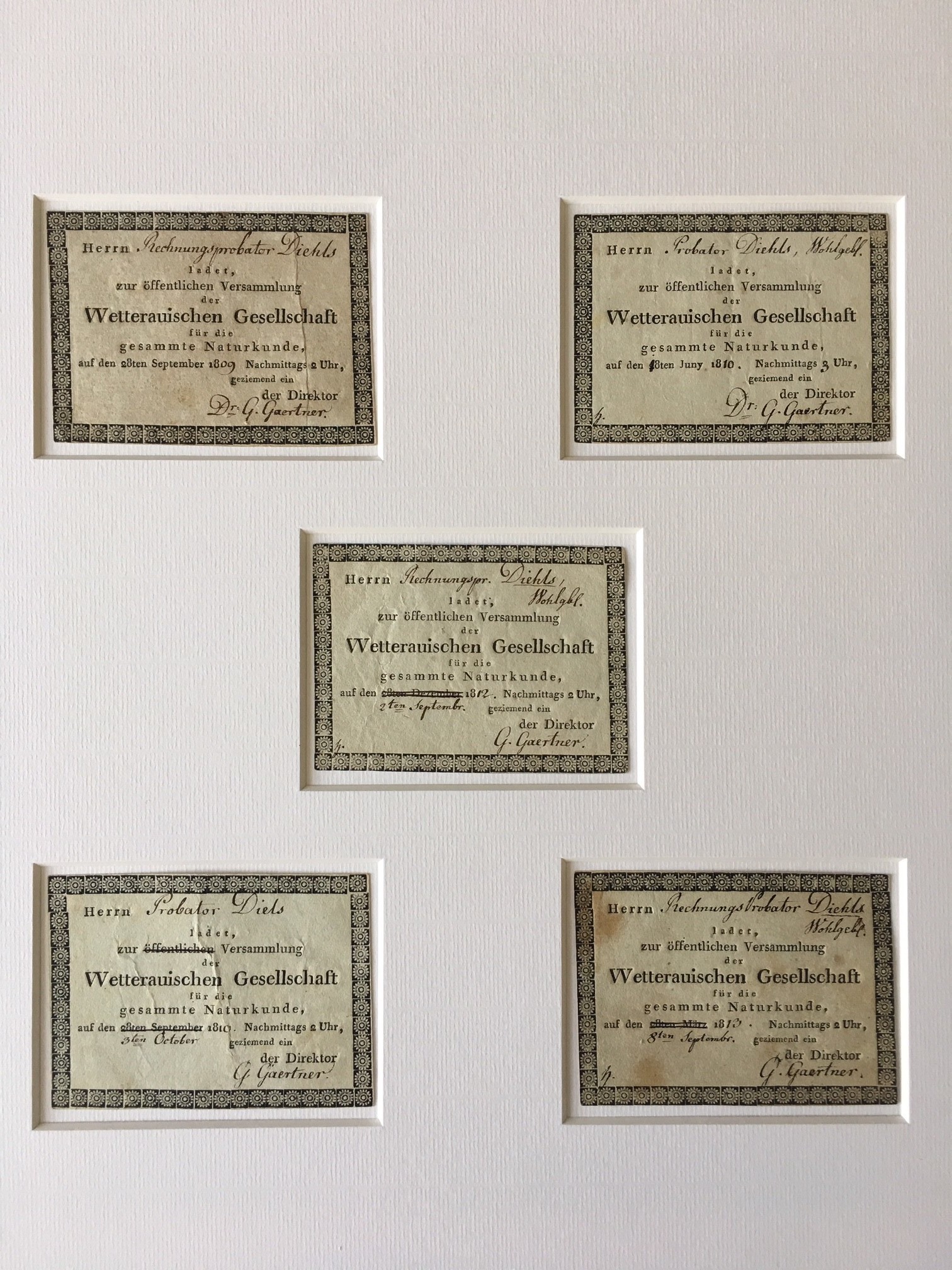 Wetterauische Gesellschaft, Einladungskarten für den Rechnungsprobator Diehls in Hanau, 1809-1821. (Taunus-Rhein-Main - Regionalgeschichtliche Sammlung Dr. Stefan Naas CC BY-NC-SA)