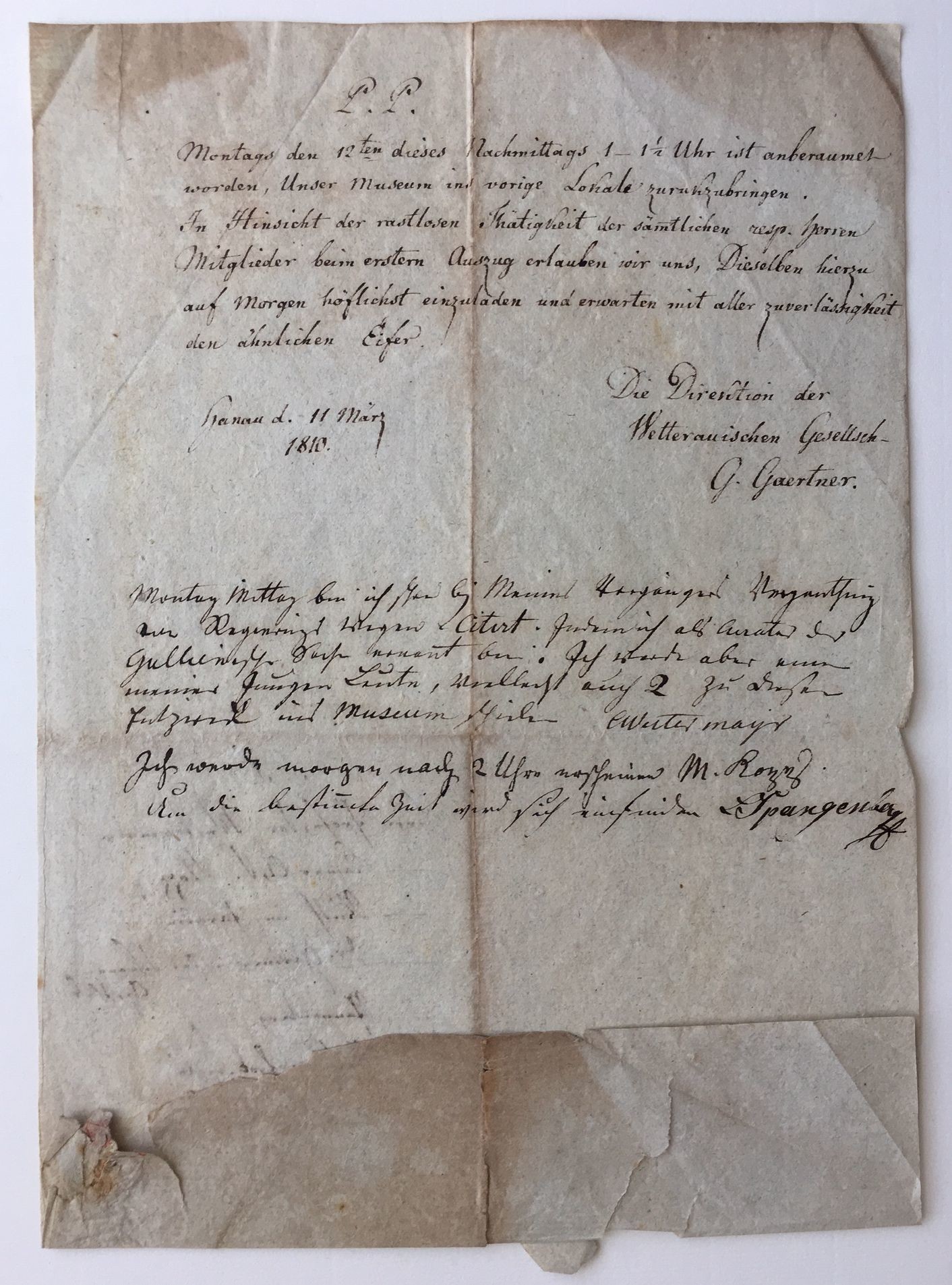 Wetterauische Gesellschaft, Handschriftliche Ladung von Dr. Gaertner, 11. März 1810. (Taunus-Rhein-Main - Regionalgeschichtliche Sammlung Dr. Stefan Naas CC BY-NC-SA)