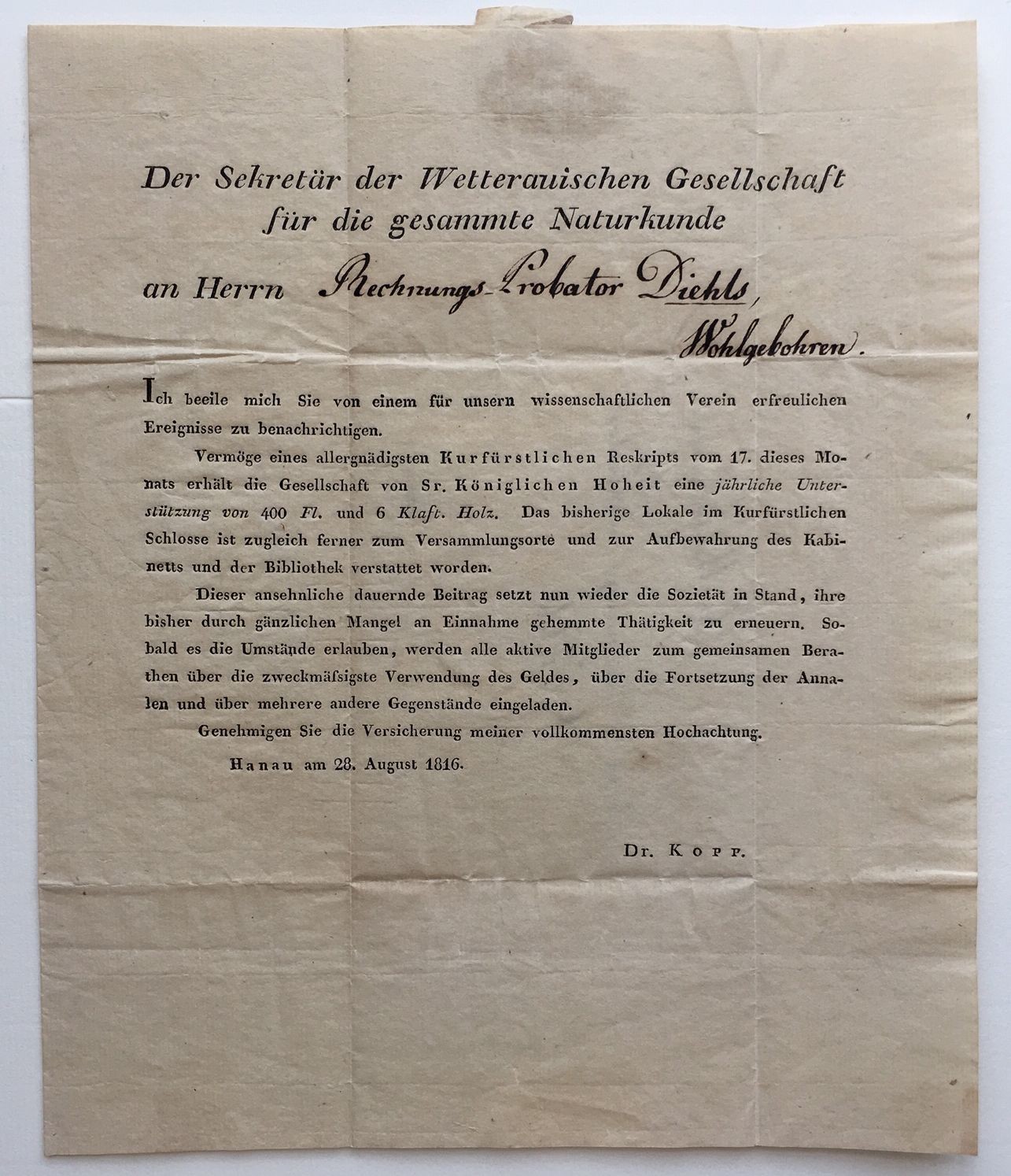 Wetterauische Gesellschaft, Mitteilung vom 28. August 1816. (Taunus-Rhein-Main - Regionalgeschichtliche Sammlung Dr. Stefan Naas CC BY-NC-SA)