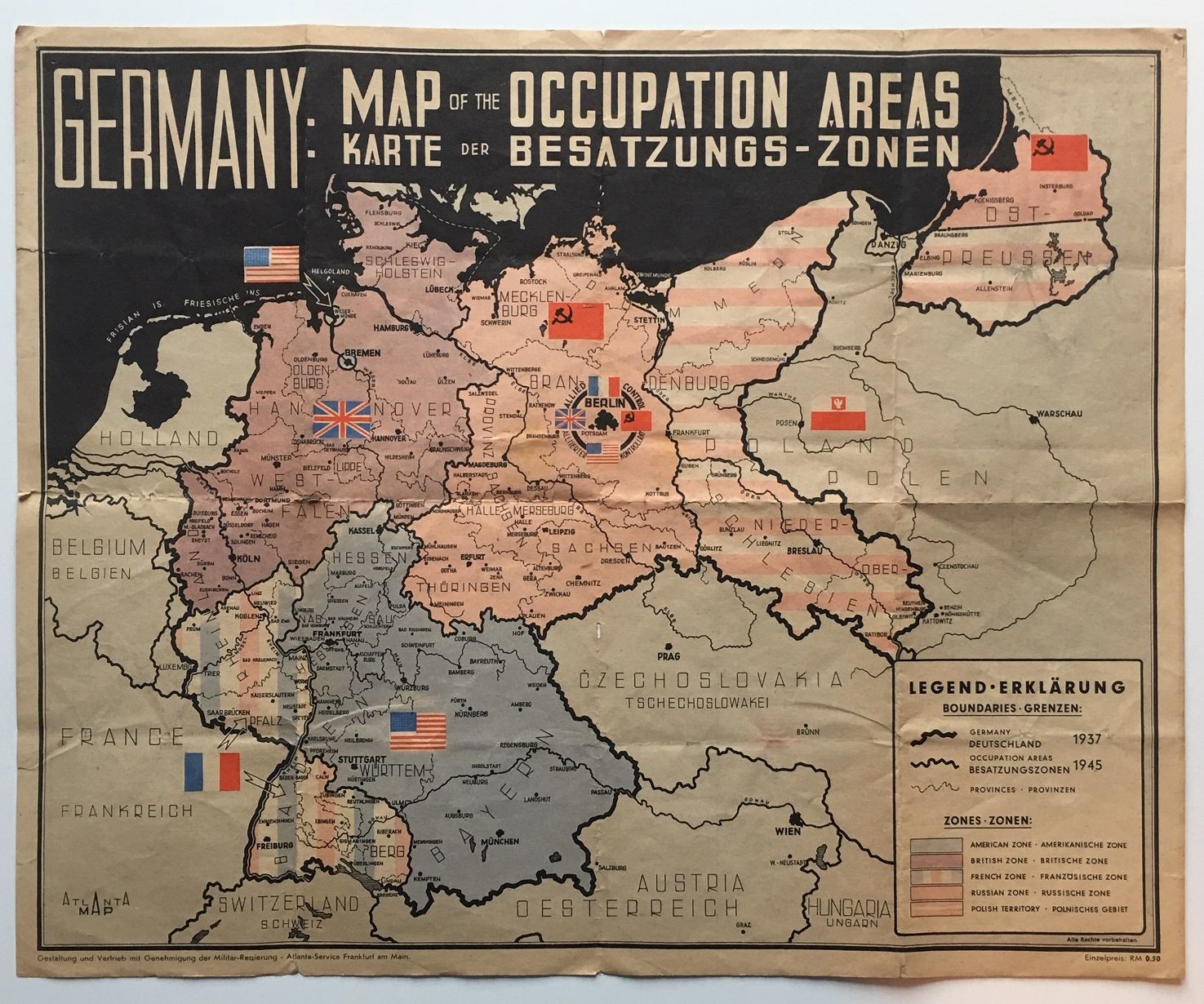 Karte der Besatzungs-Zonen, 1945/46. (Taunus-Rhein-Main - Regionalgeschichtliche Sammlung Dr. Stefan Naas CC BY-NC-SA)