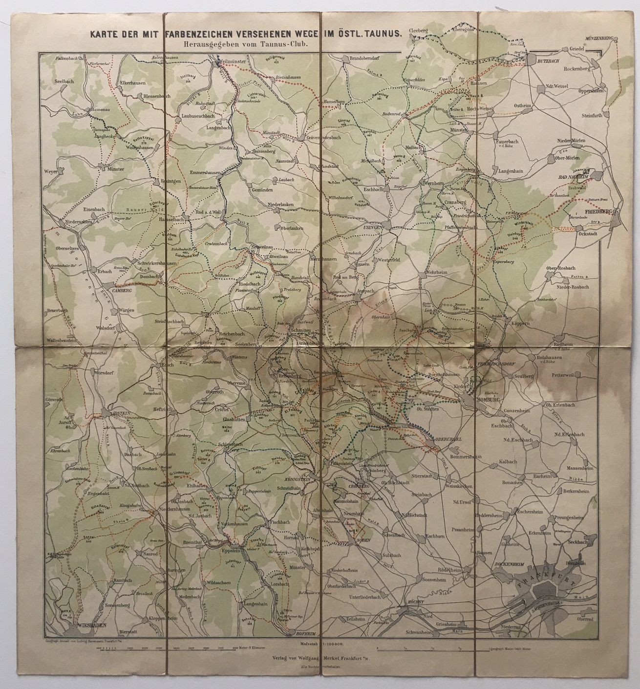 Karte der mit Farbenzeichnung versehenen Wege im östl. Taunus (Taunus-Rhein-Main - Regionalgeschichtliche Sammlung Dr. Stefan Naas CC BY-NC-SA)