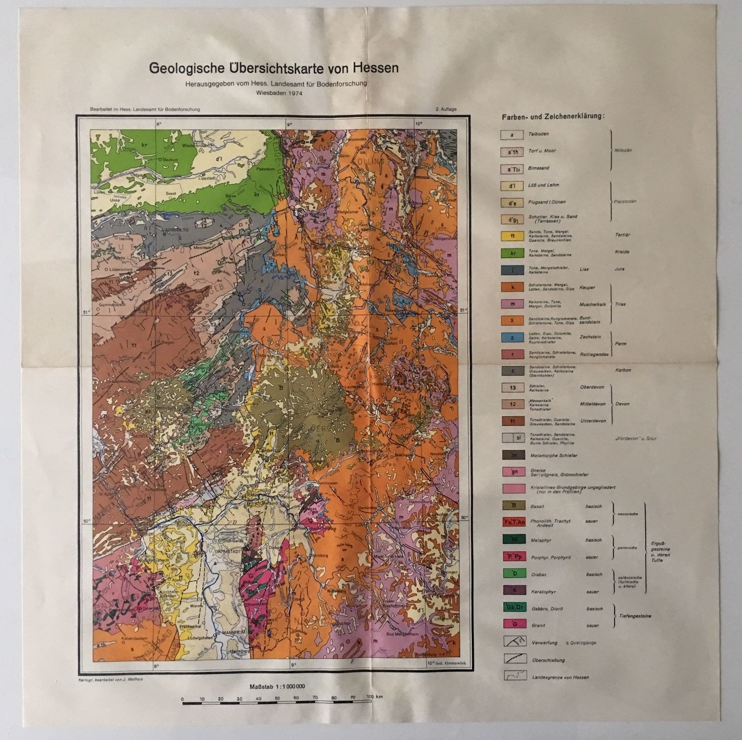 Geologische Übersichtskarte von Hessen, 1974. (Taunus-Rhein-Main - Regionalgeschichtliche Sammlung Dr. Stefan Naas CC BY-NC-SA)