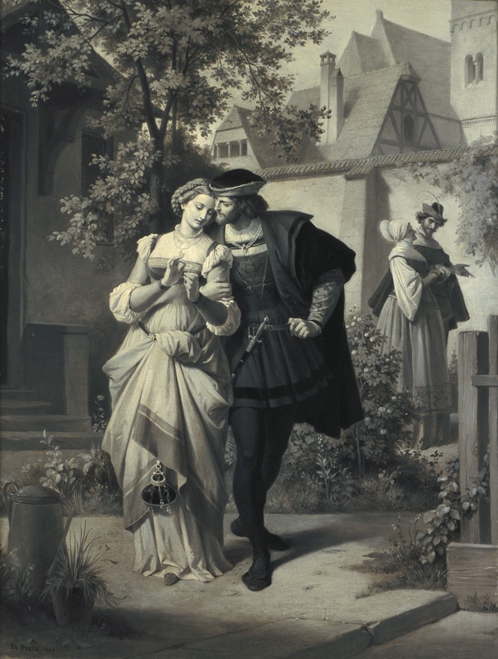 Faust und Gretchen, Marthe und Mephisto im Garten (Freies Deutsches Hochstift / Frankfurter Goethe-Museum © Miteigentum der BRD RR-F)