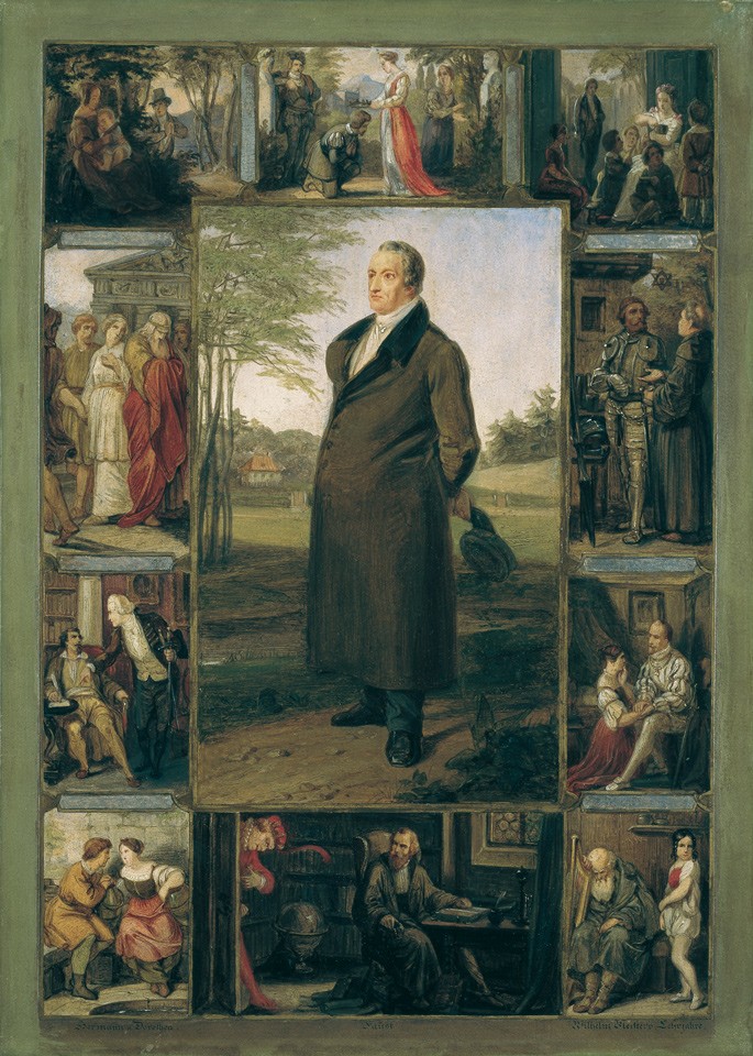 Goethe, umgeben von Illustrationen zu seinen Werken (Freies Deutsches Hochstift / Frankfurter Goethe-Museum RR-F)