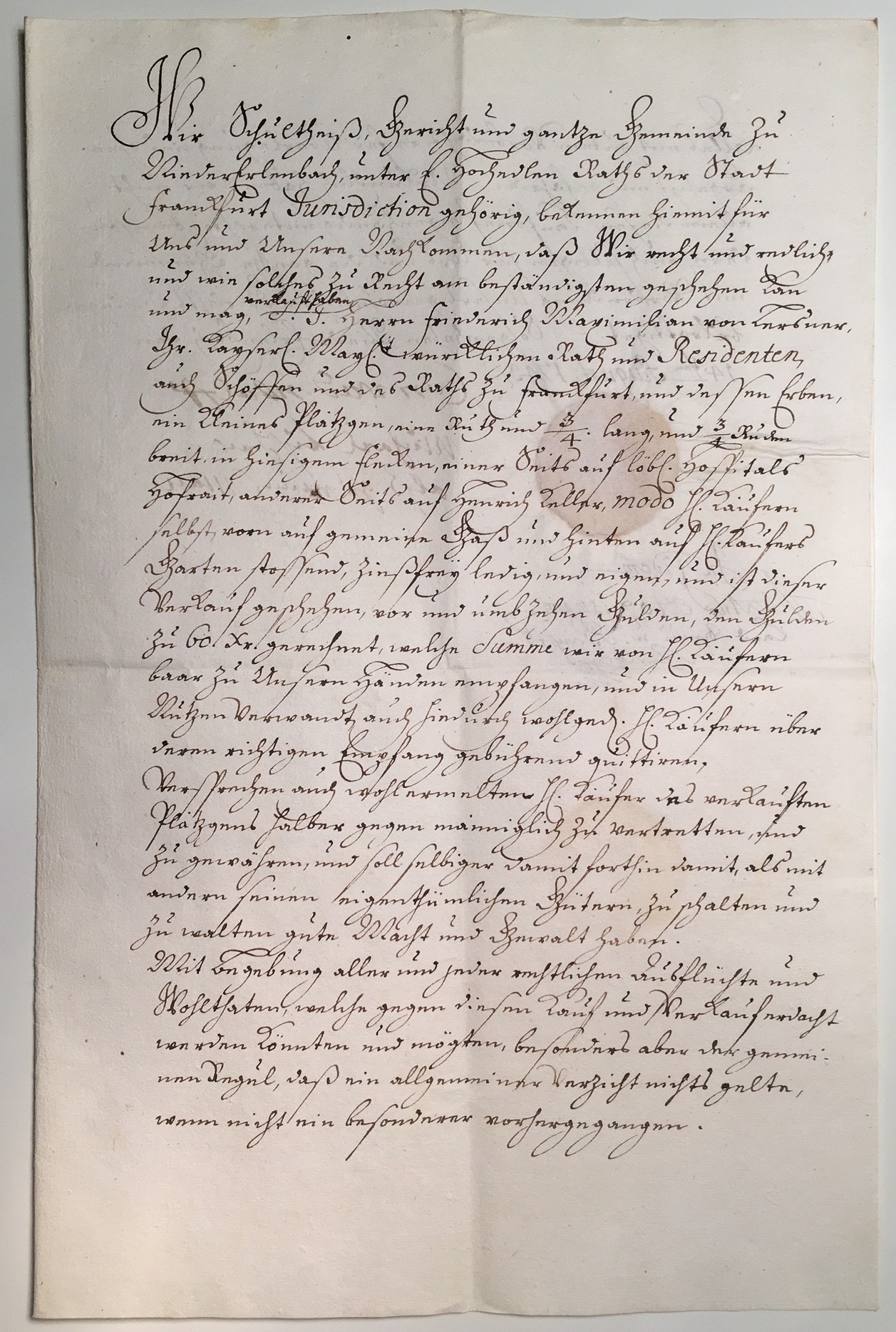 Kaufbrief F. M. v. Lersner über ein „klein Plätzgen“ von der Gemeinde Niedererlenbach, 14. August 1743 (Regionalgeschichtliche Sammlung Dr. Stefan Naas CC BY-NC-SA)