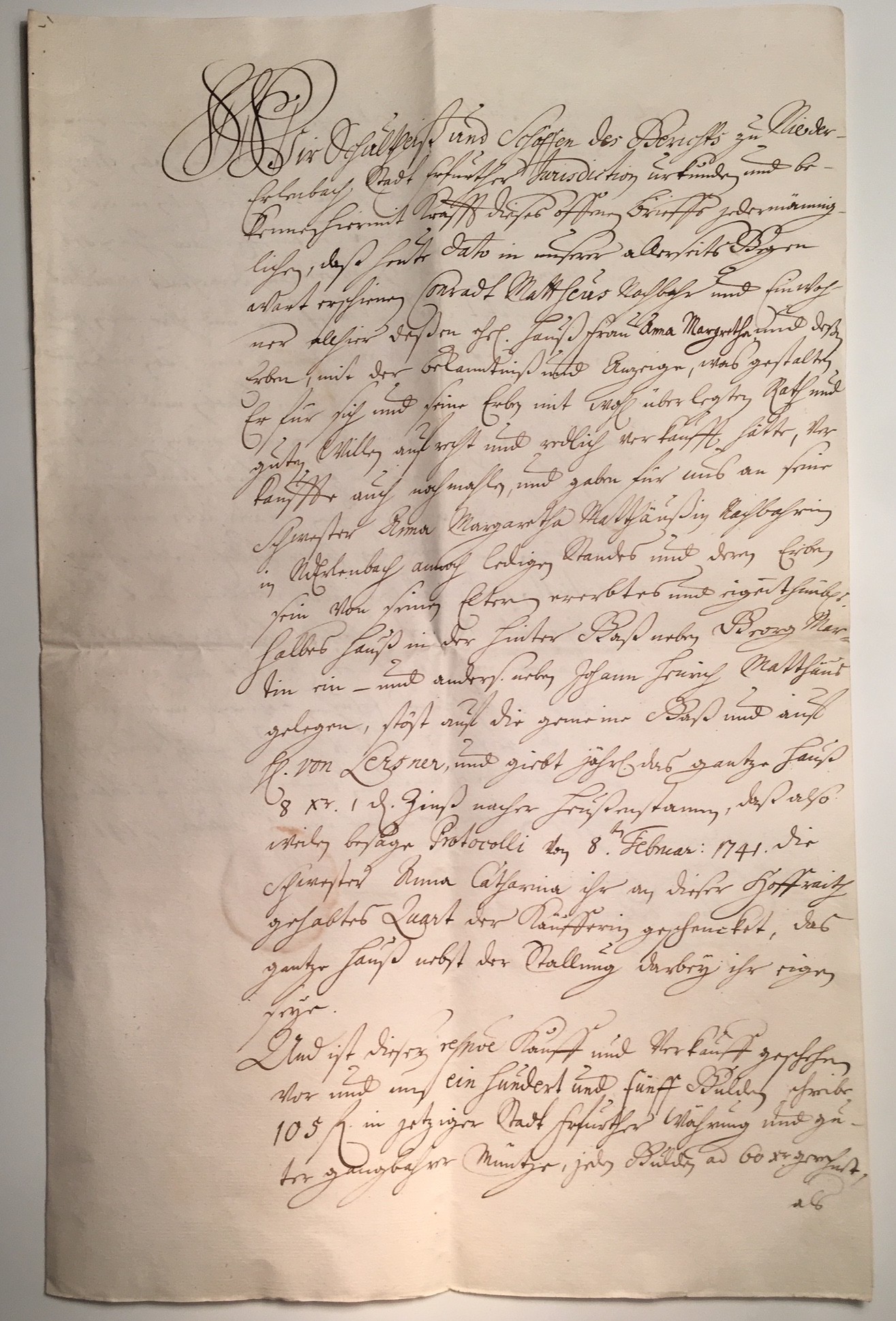 Kaufvertrag für ein Haus in Niedererlenbach, Januar 1741 (Regionalgeschichtliche Sammlung Dr. Stefan Naas CC BY-NC-SA)
