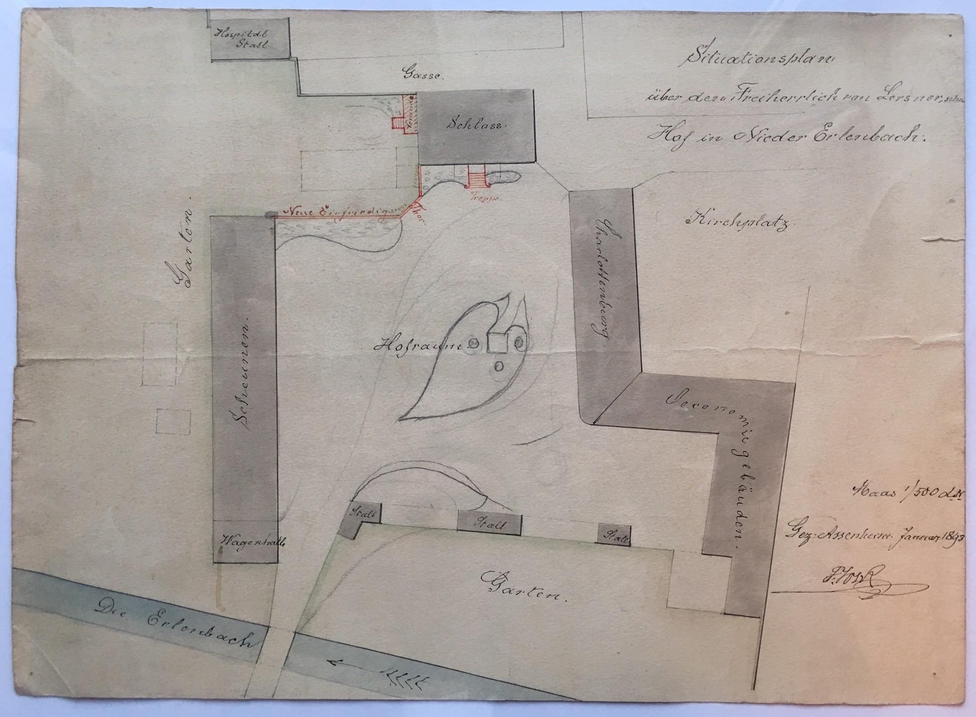 Lageplan des Lersner'schen Gutes in Nieder-Erlenbach, Januar 1893 (Regionalgeschichtliche Sammlung Dr. Stefan Naas CC BY-NC-SA)
