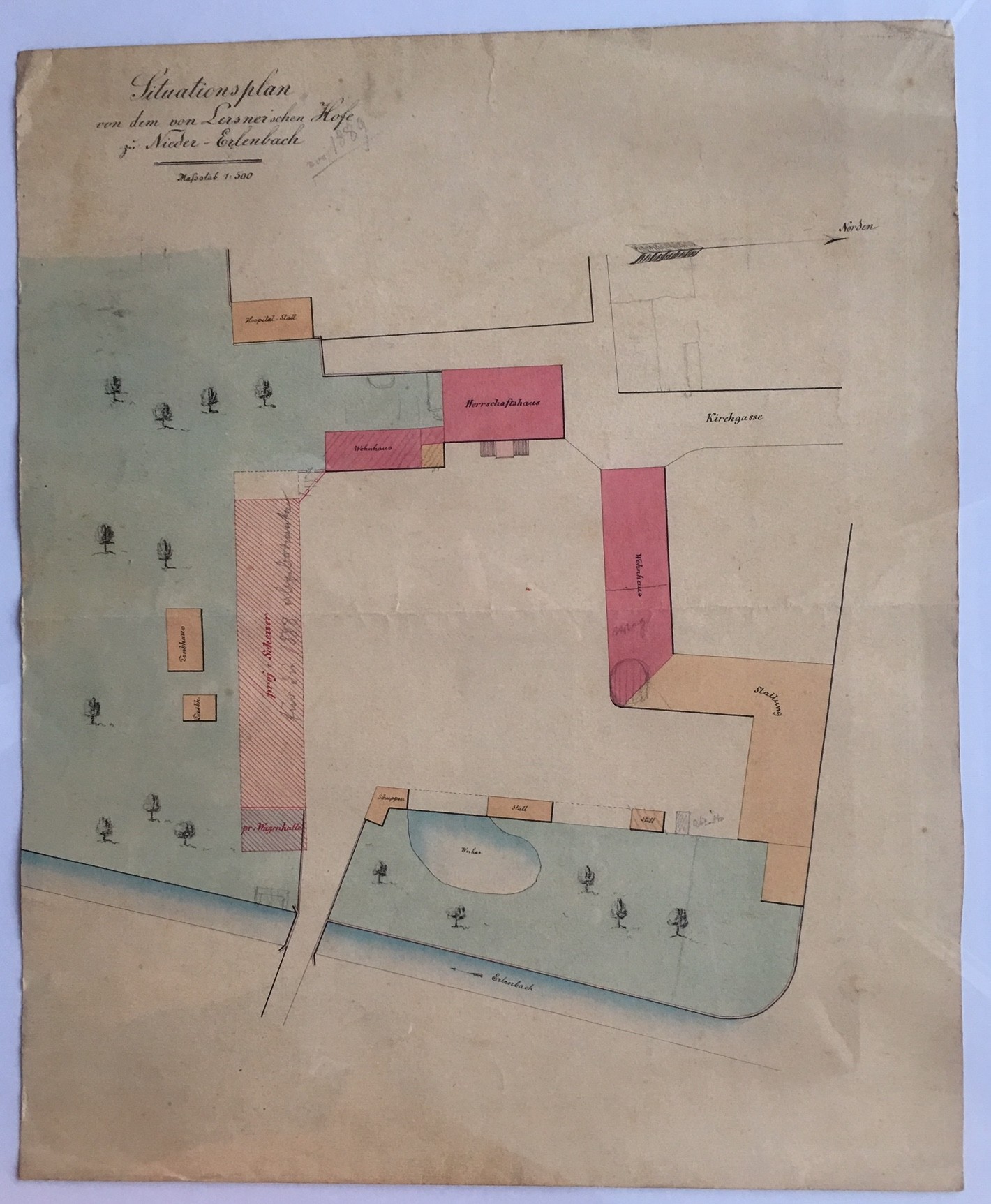 Situationsplan von dem von Lersner'schen Hofe zu Nieder-Erlenbach; ohne Datum (Regionalgeschichtliche Sammlung Dr. Stefan Naas CC BY-NC-SA)