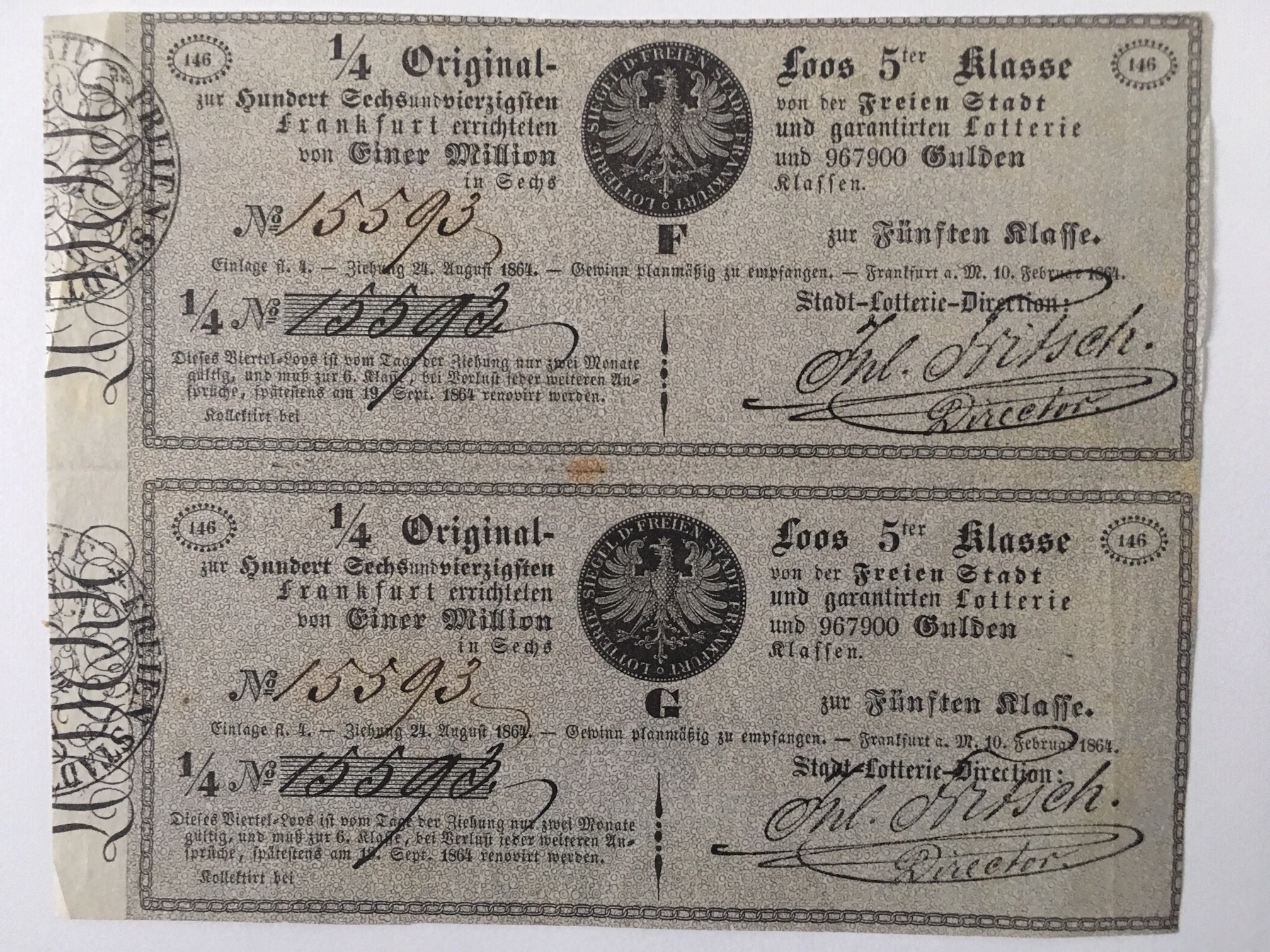 1/4 Original-Loose 5ter Klasse zur Frankfurter Stadtlotterie vom 24. August 1864 (Regionalgeschichtliche Sammlung Dr. Stefan Naas CC BY-NC-SA)