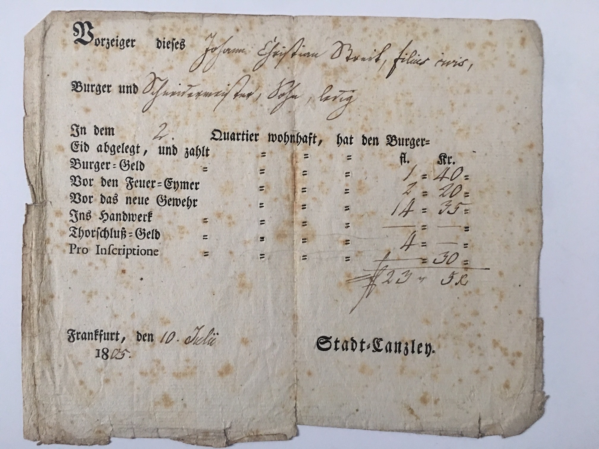 Einbürgerungsbescheid der Frankfurter Stadtkanzlei, 10. Juli 1805 (Regionalgeschichtliche Sammlung Dr. Stefan Naas CC BY-NC-SA)