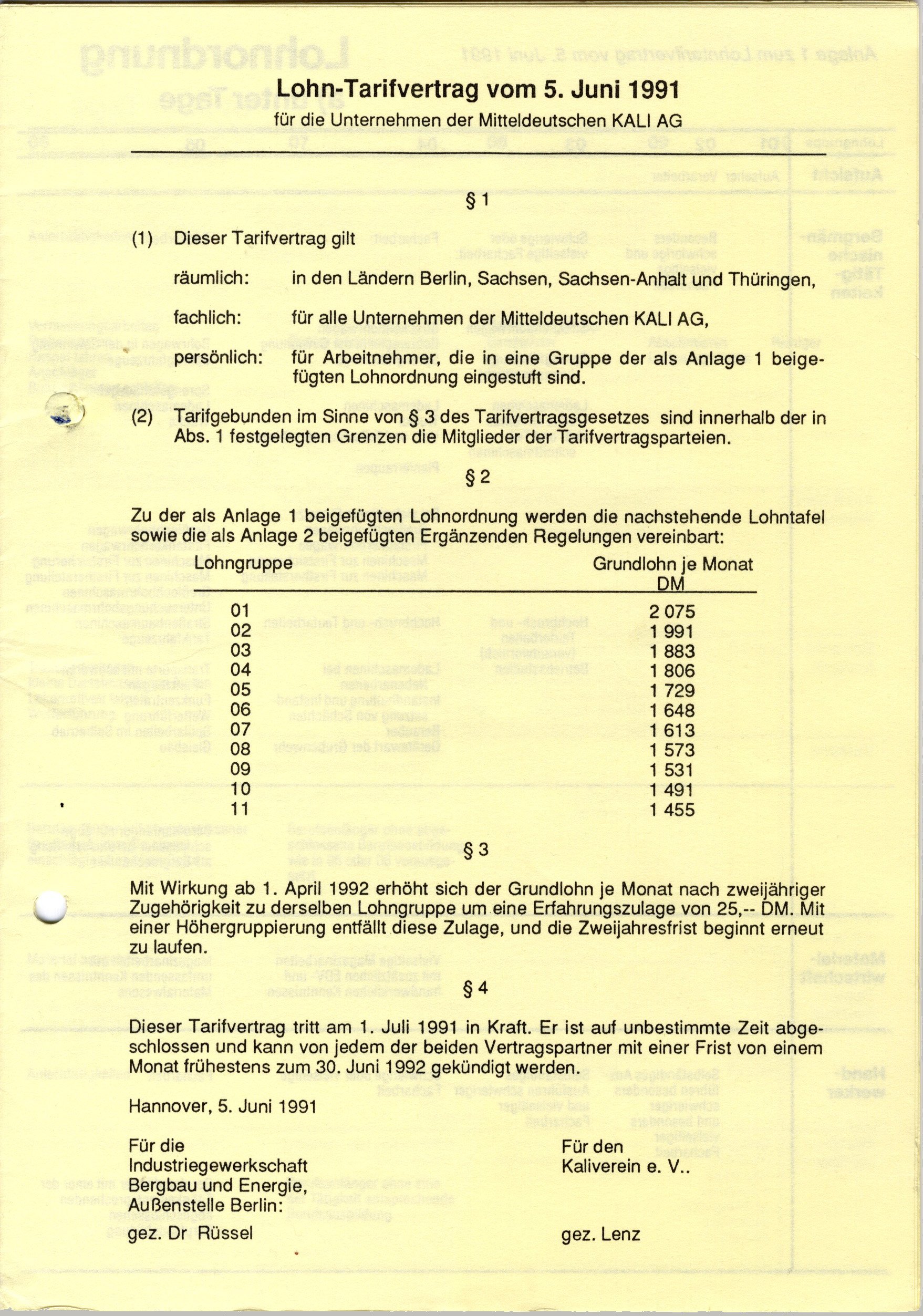 Lohn-Tarifvertrag vom 5. Juni 1991 für die Unternehmen der Mitteldeutschen Kali AG (Werra-Kalibergbau-Museum, Heringen/W. CC BY-NC-SA)