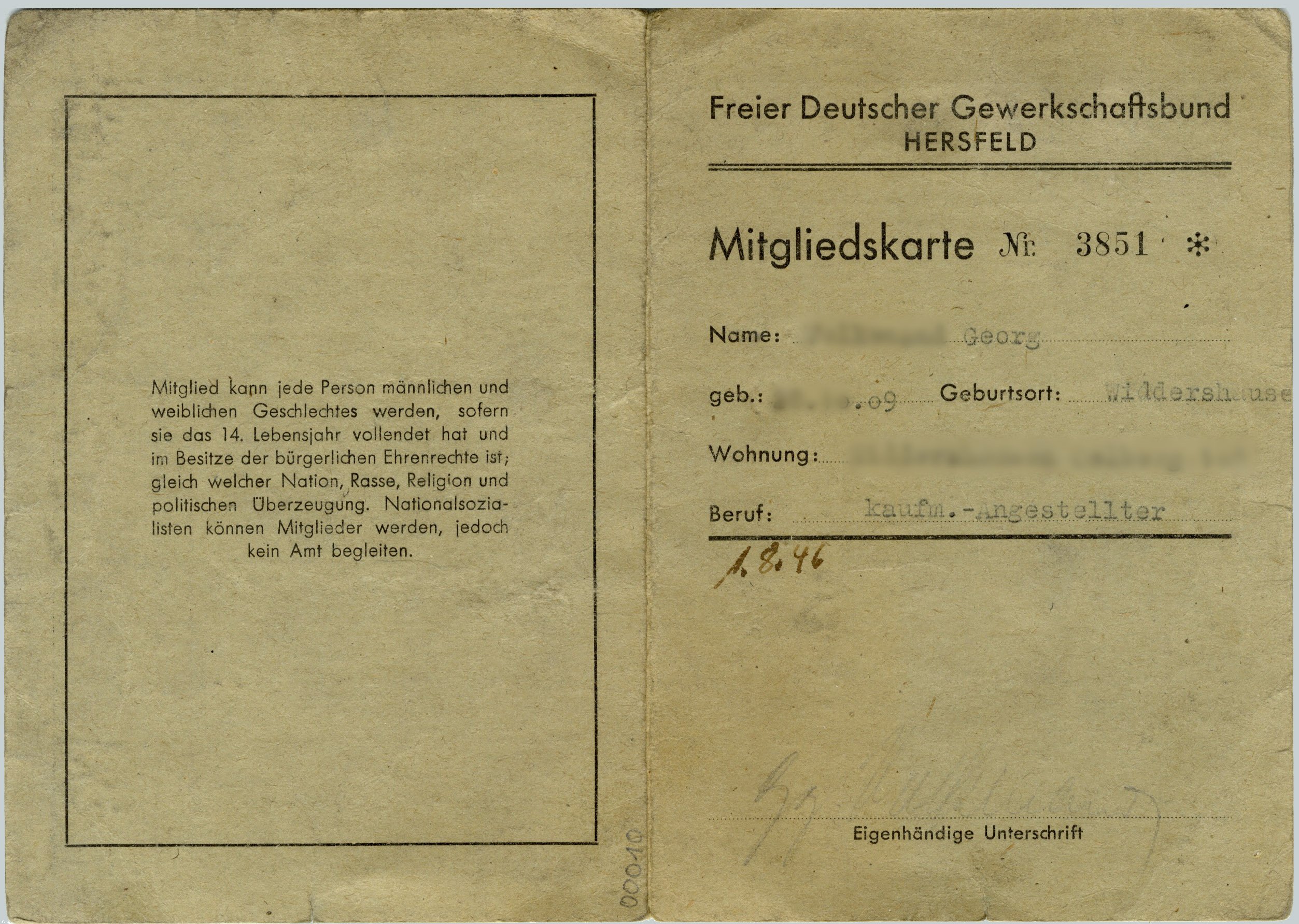 Mitgliedskarte 'Freier Deutscher Gewerkschaftsbund Hersfeld' Nr. 3851 (Werra-Kalibergbau-Museum, Heringen/W. CC BY-NC-SA)