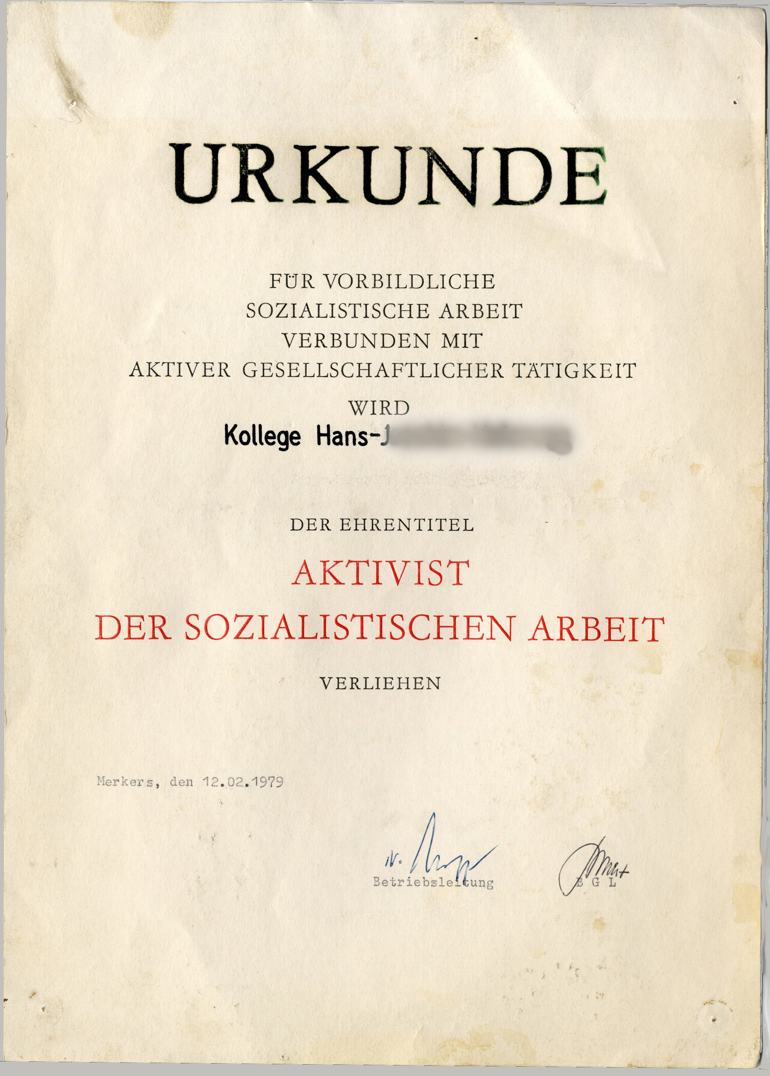 Urkunde "Aktivist der Sozialistischen Arbeit" (Werra-Kalibergbau-Museum, Heringen/W. CC BY-NC-SA)