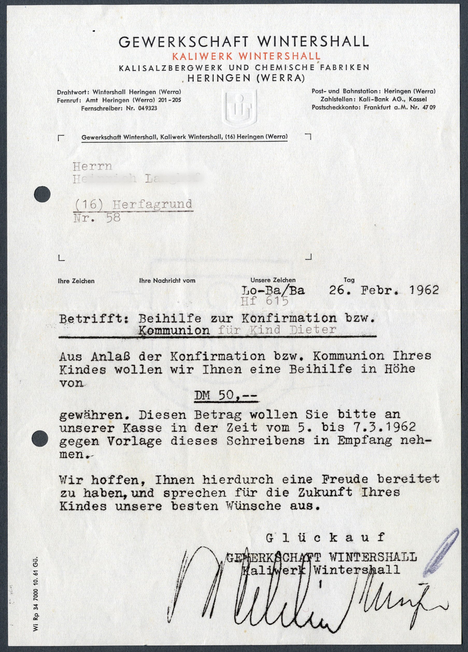 Werksbeihilfe zur Konfirmation (Werra-Kalibergbau-Museum, Heringen/W. CC BY-NC-SA)