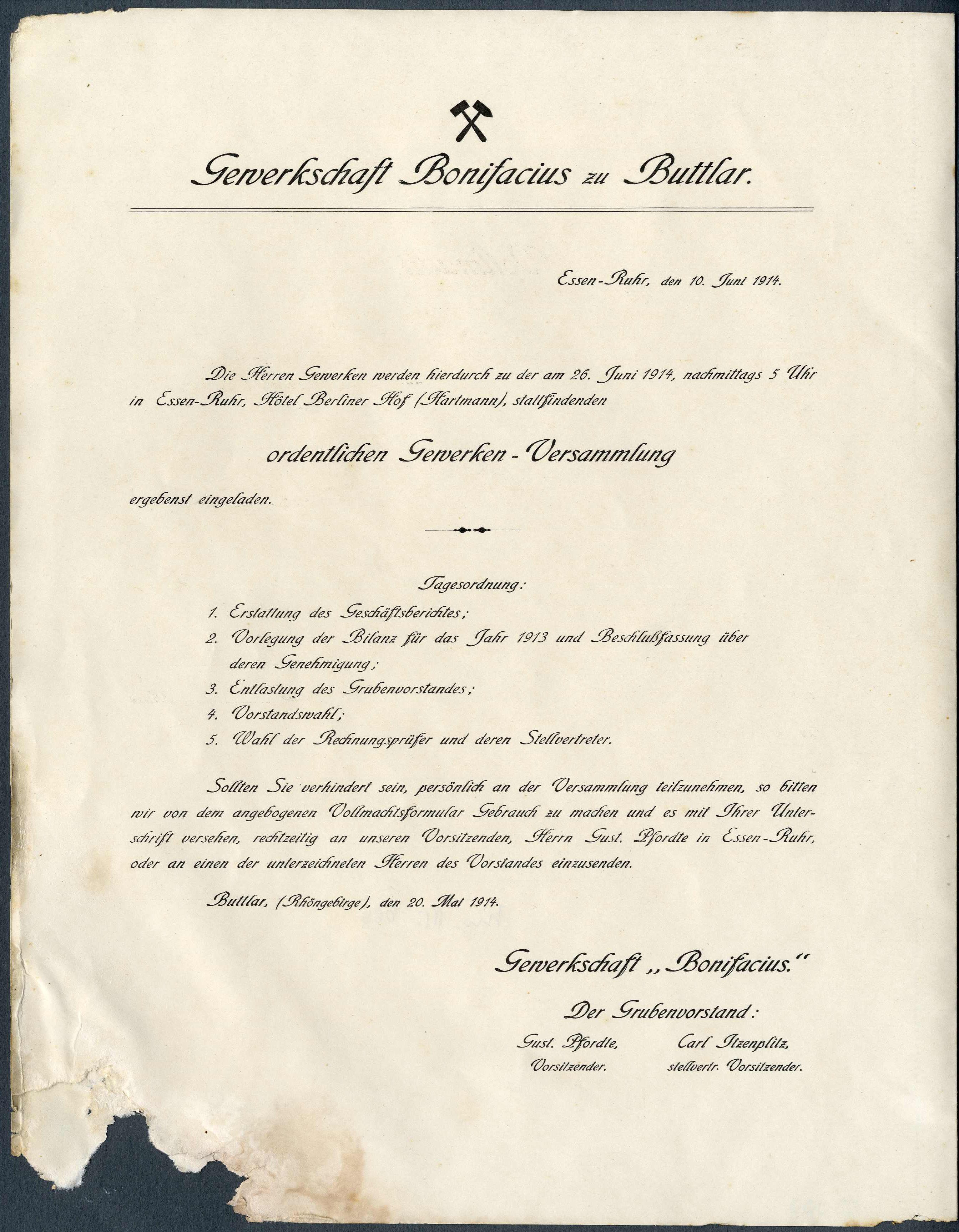 Einladung zur "Gewerken-Versammlung" Gewerkschaft "Bonifacius" zu Buttlar (Werra-Kalibergbau-Museum, Heringen/W. CC BY-NC-SA)