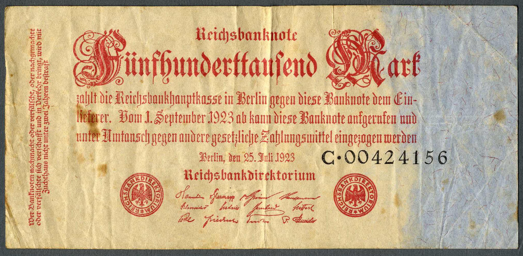 Reichsbanknote Fünfhunderttausend Mark (Werra-Kalibergbau-Museum, Heringen/W. CC BY-NC-SA)