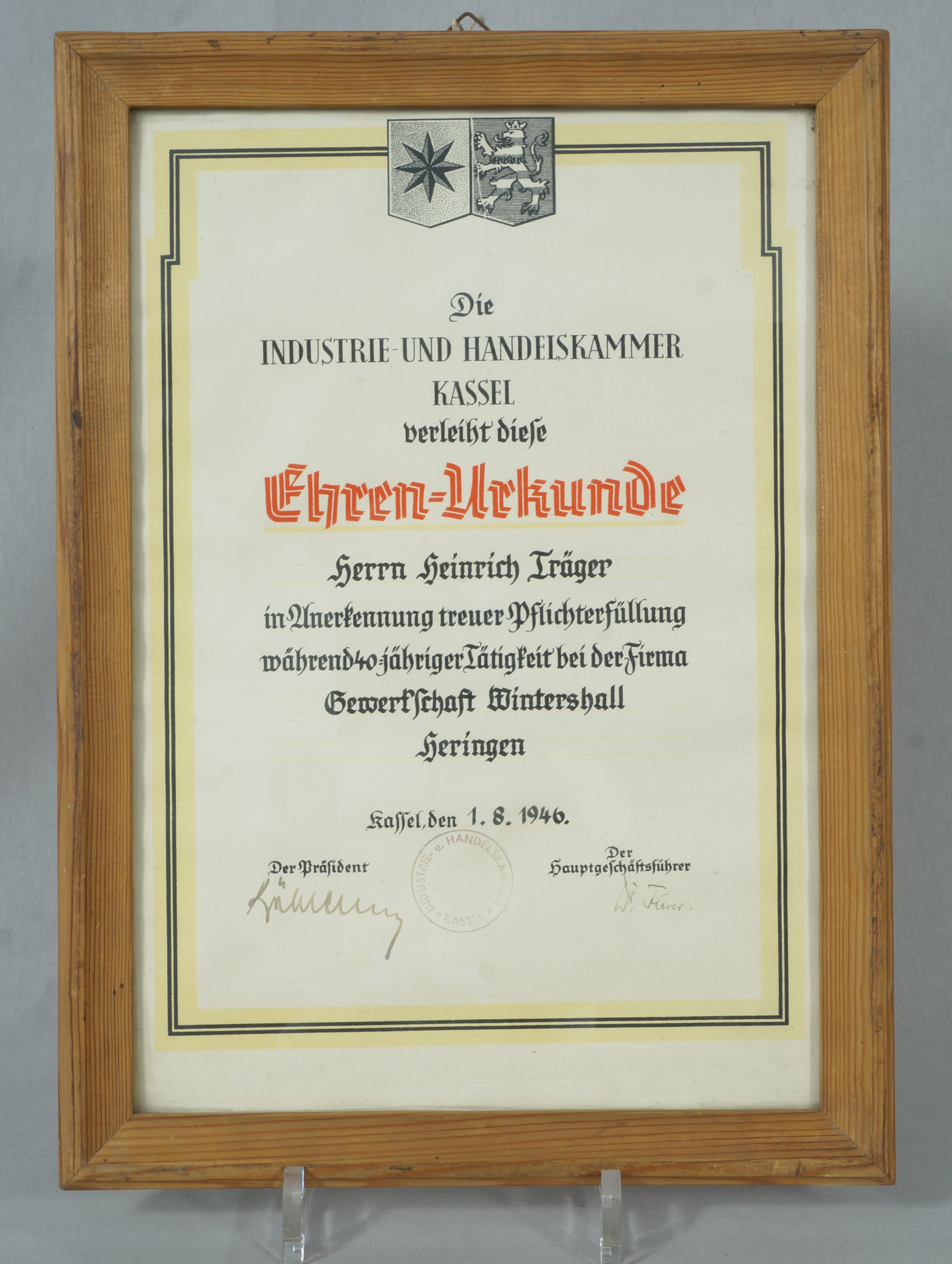 Urkunde zum 40-jährigen Dienstjubiläum bei der Gewerkschaft Wintershall (IHK) (Werra-Kalibergbau-Museum, Heringen/W. CC BY-NC-SA)