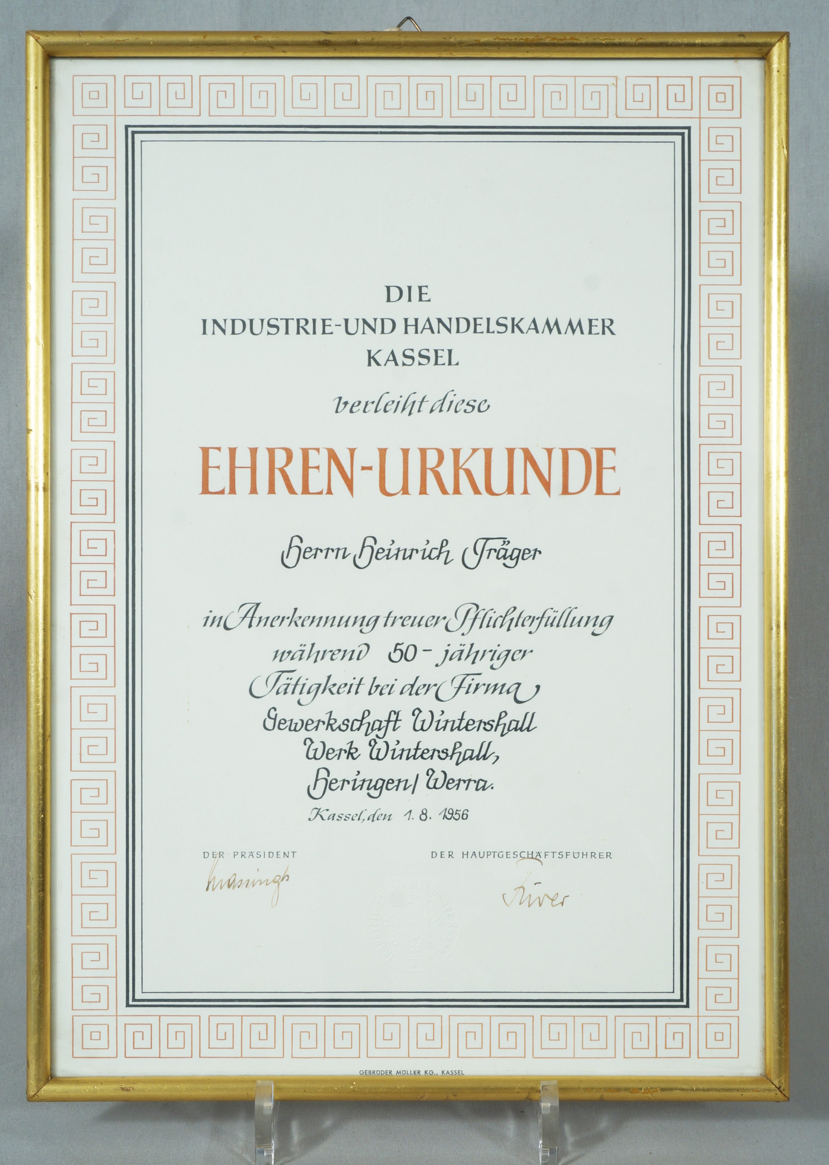 Urkunde zum 50-jährigen Dienstjubiläum bei der Gewerkschaft Wintershall (IHK) (Werra-Kalibergbau-Museum, Heringen/W. CC BY-NC-SA)