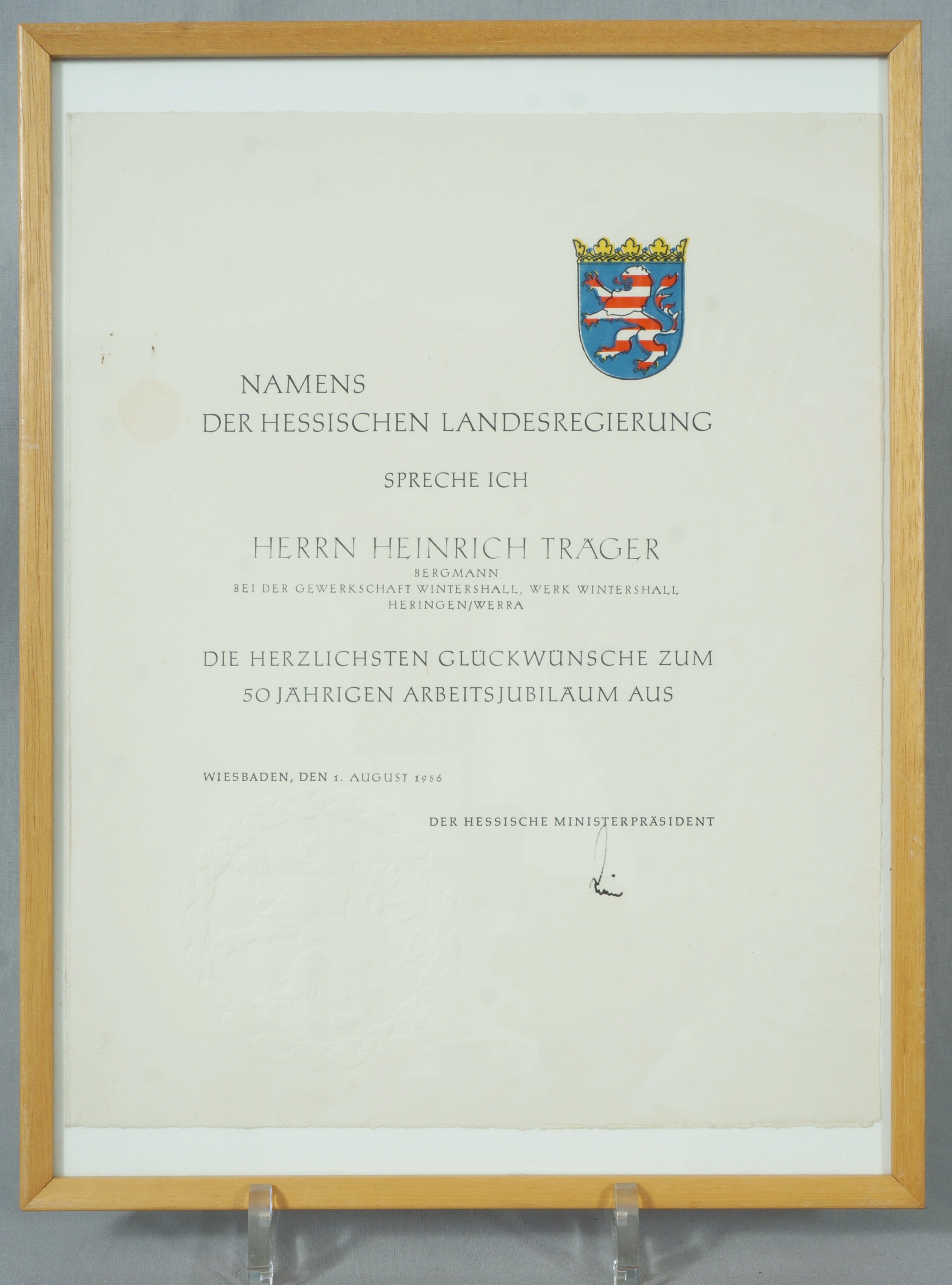 Urkunde zum 50-jährigen Dienstjubiläum bei der Gewerkschaft Wintershall (Hessische Landesregierung) (Werra-Kalibergbau-Museum, Heringen/W. CC BY-NC-SA)