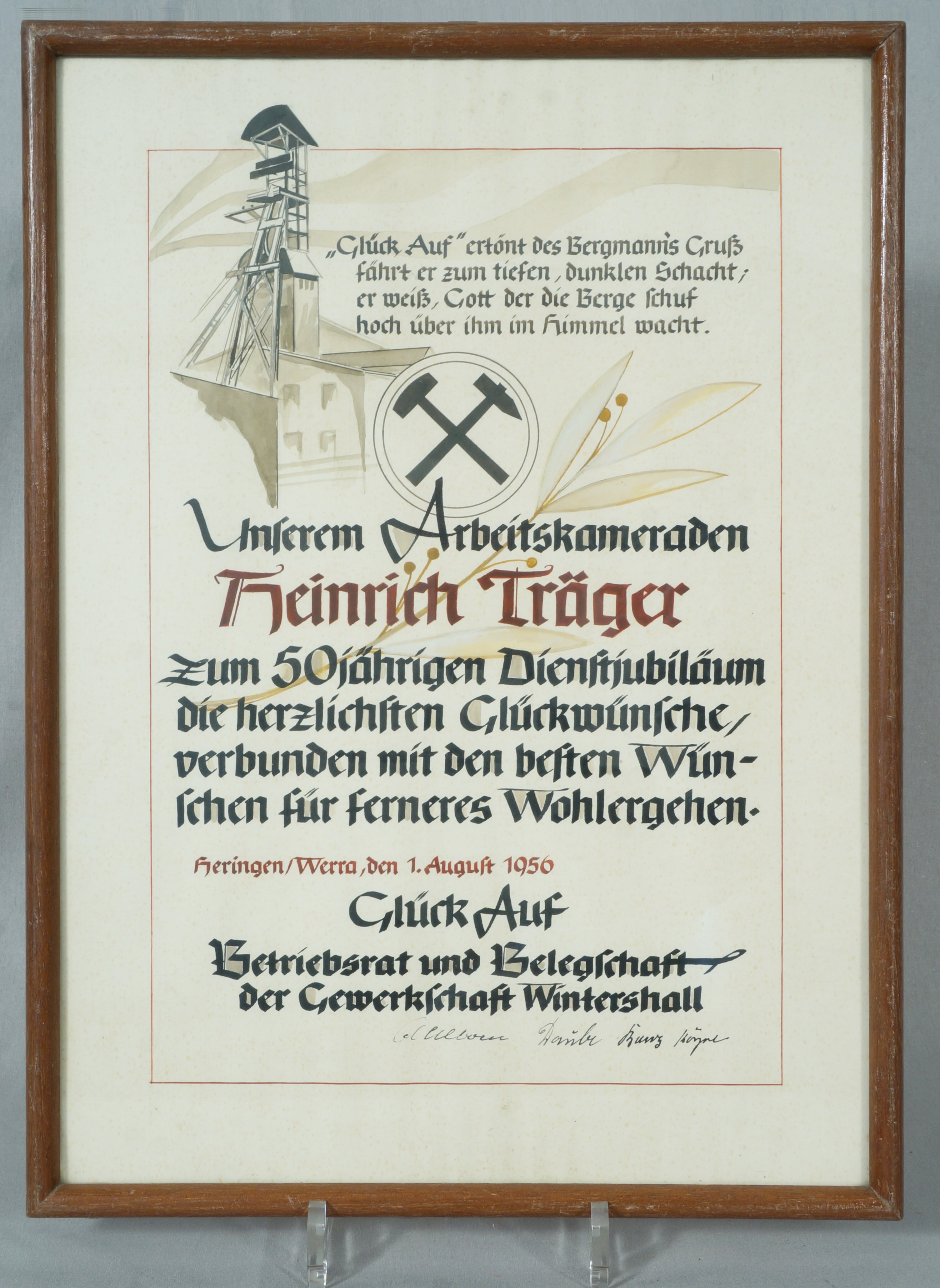 Urkunde zum 50-jährigen Dienstjubiläum bei der Gewerkschaft Wintershall (Betriebsrat und Belegschaft) (Werra-Kalibergbau-Museum, Heringen/W. CC BY-NC-SA)