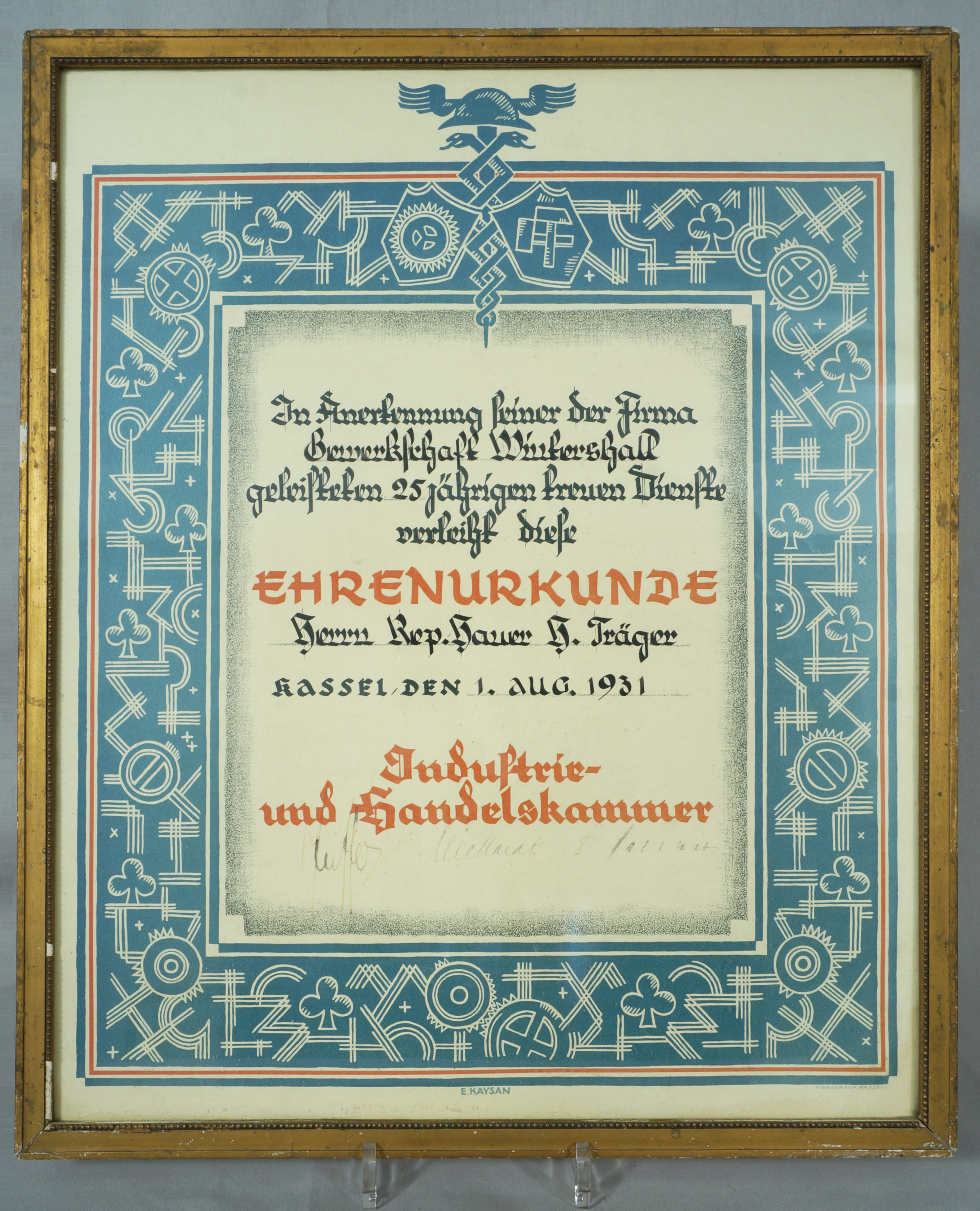 Urkunde zum 25-jährigen Dienstjubiläum bei der Gewerkschaft Wintershall (IHK) (Werra-Kalibergbau-Museum, Heringen/W. CC BY-NC-SA)