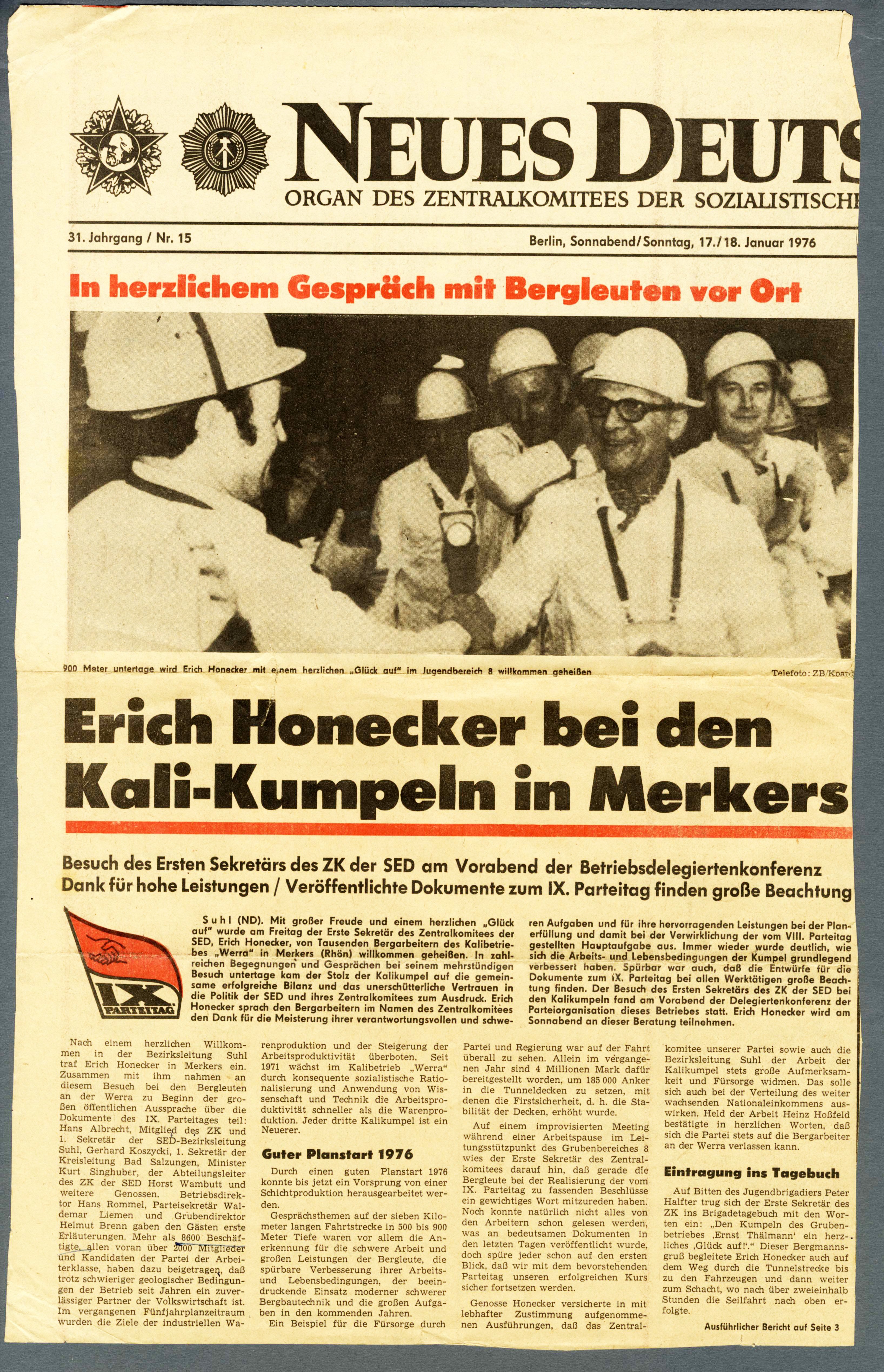 Zeitungsausschnitt "Erich Honecker bei den Kali-Kumpeln in Merkers" (Werra-Kalibergbau-Museum, Heringen/W. CC BY-NC-SA)