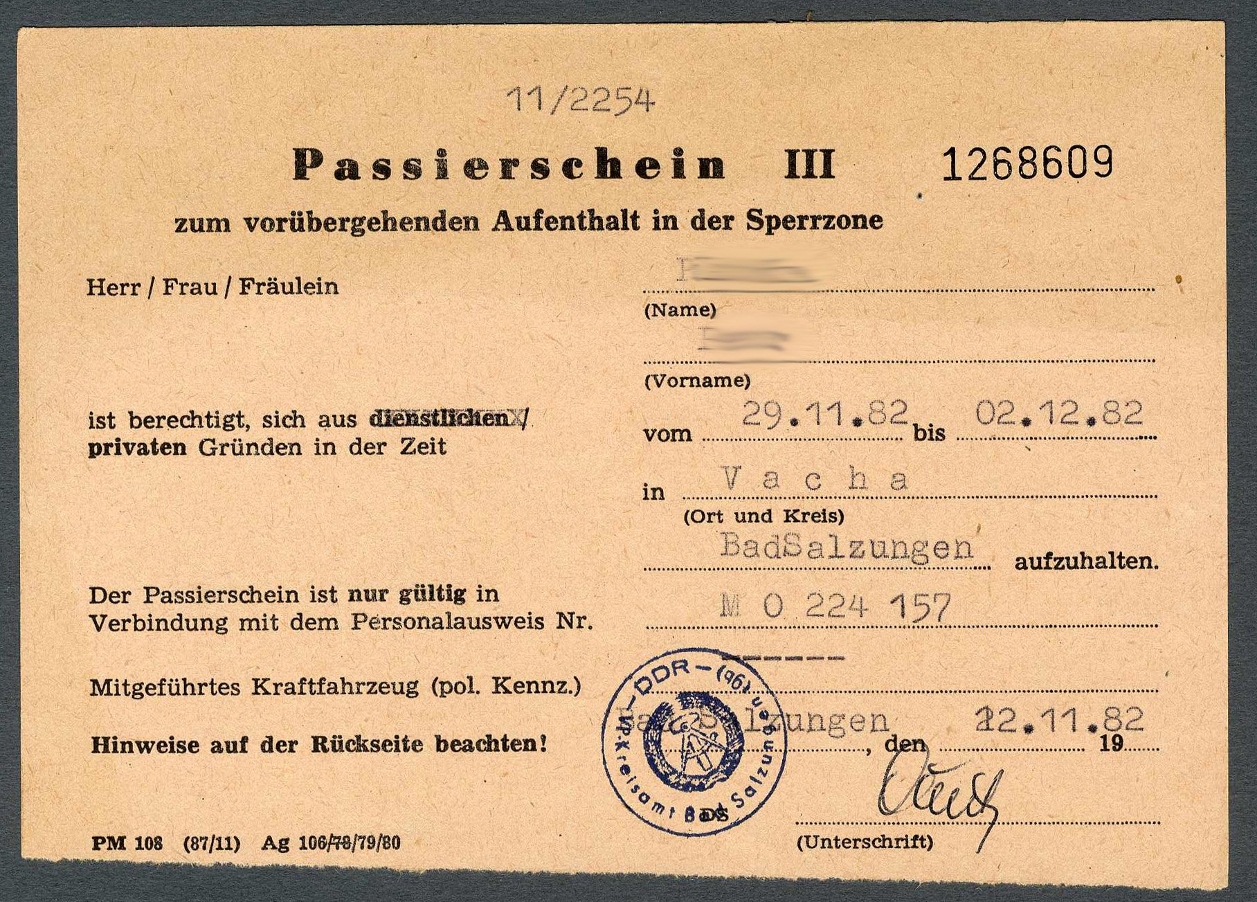 Passierschein III zum vorübergehenden Aufenthalt in der Sperrzone (Werra-Kalibergbau-Museum, Heringen/W. CC BY-NC-SA)