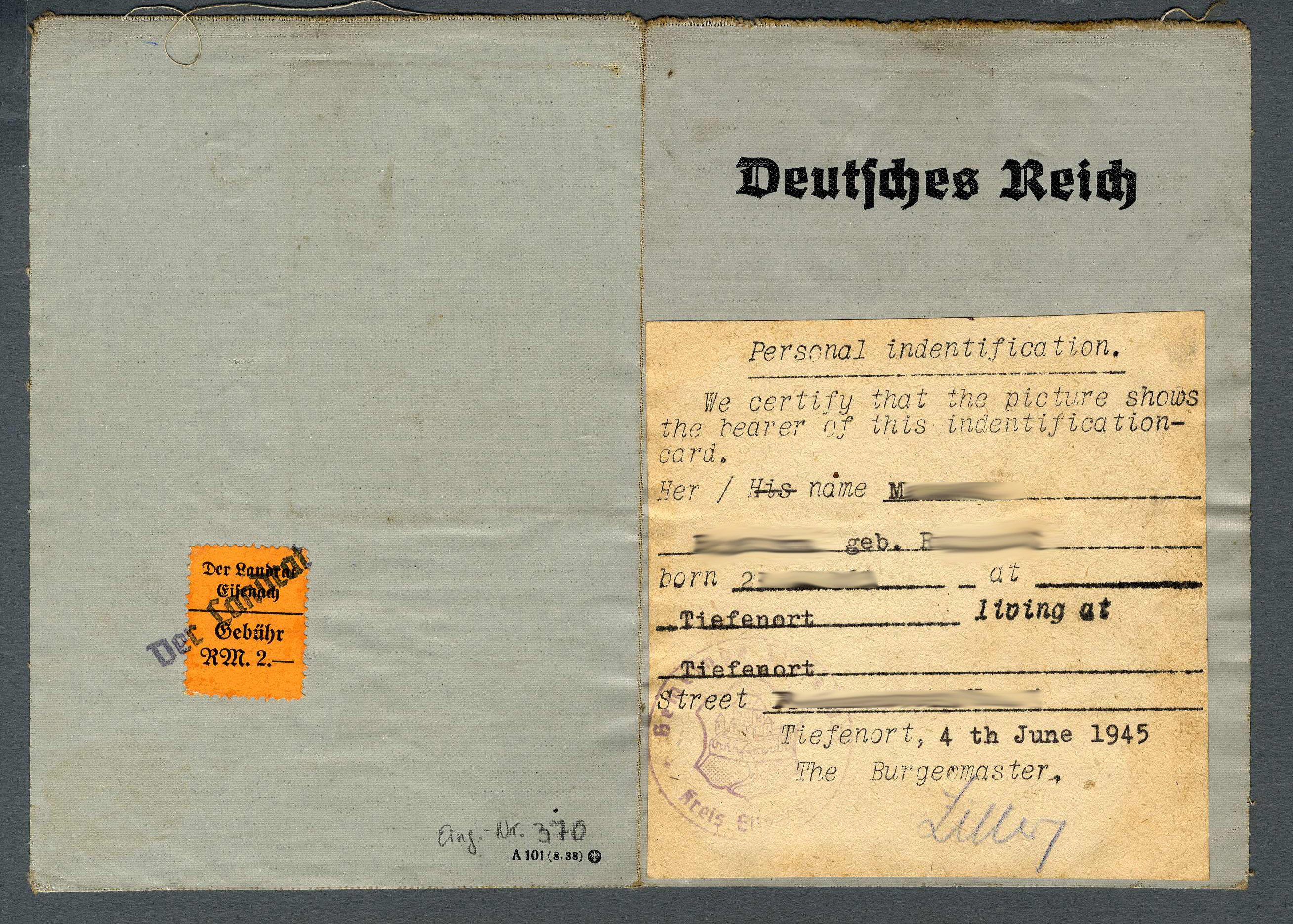 Kennkarte 'Deutsches Reich' mit Aufkleber 'Personal indentification' (Werra-Kalibergbau-Museum, Heringen/W. CC BY-NC-SA)