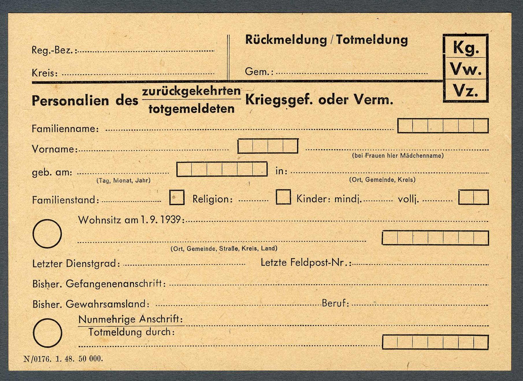 Rückmeldung / Totmeldung für Kriegsgefangene oder Vermisste (Werra-Kalibergbau-Museum, Heringen/W. CC BY-NC-SA)