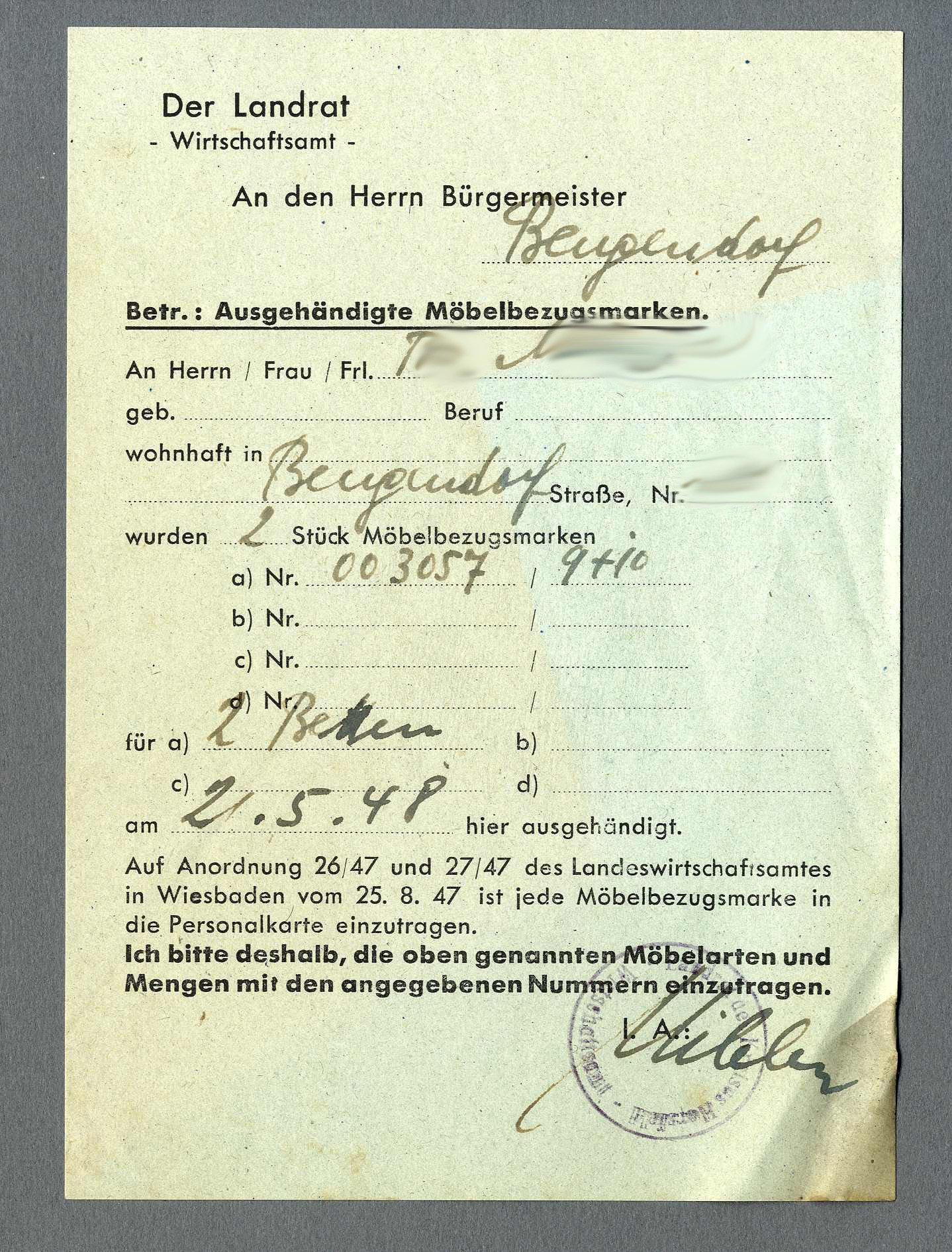 Quittung für Bezungsmarken 'Möbelbezugsmarken' (Werra-Kalibergbau-Museum, Heringen/W. CC BY-NC-SA)