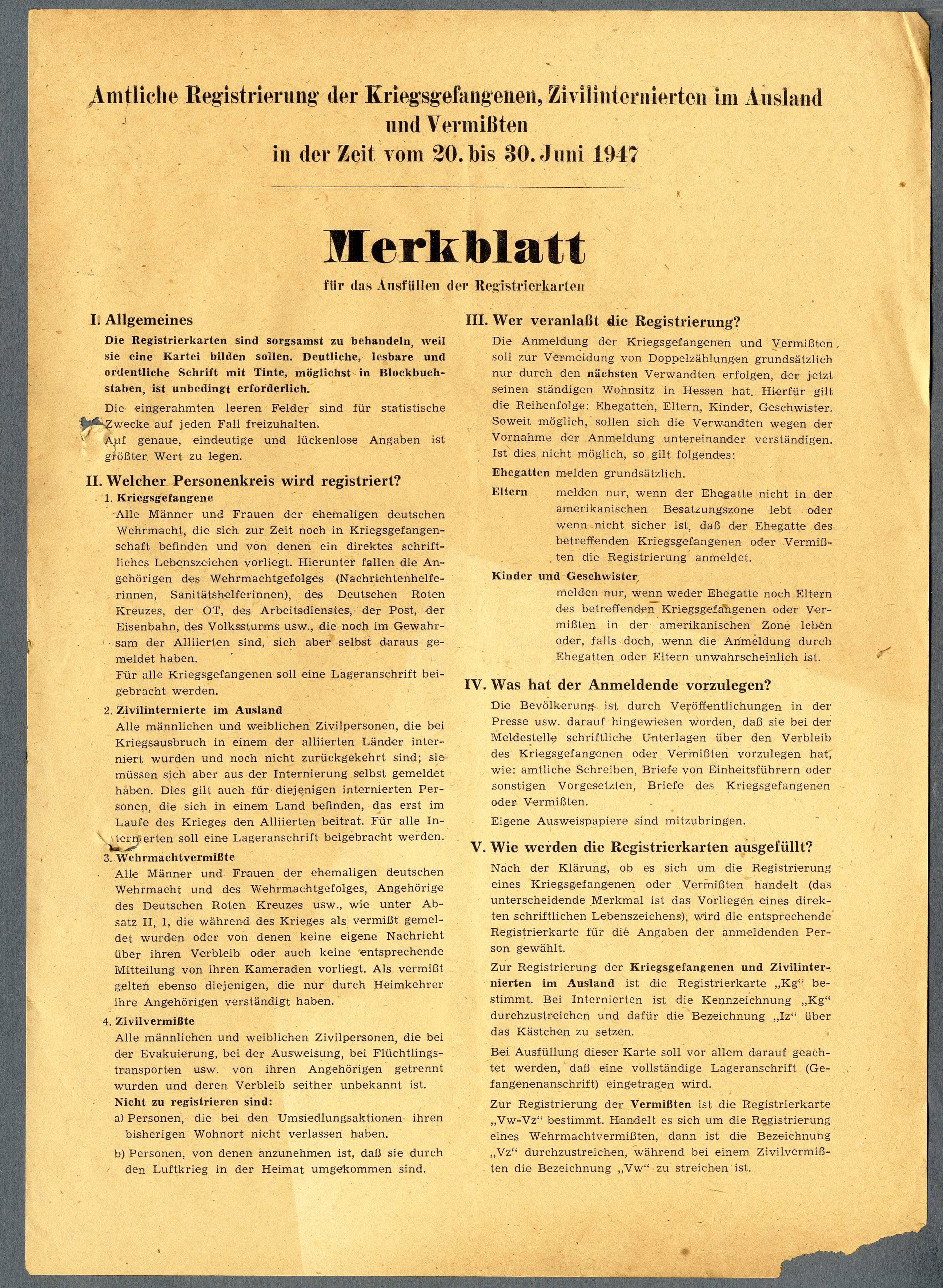 Merkblatt zur Registrierung von Kriegsgefangenen, Zivilinternierten und Vermissten' (Werra-Kalibergbau-Museum, Heringen/W. CC BY-NC-SA)