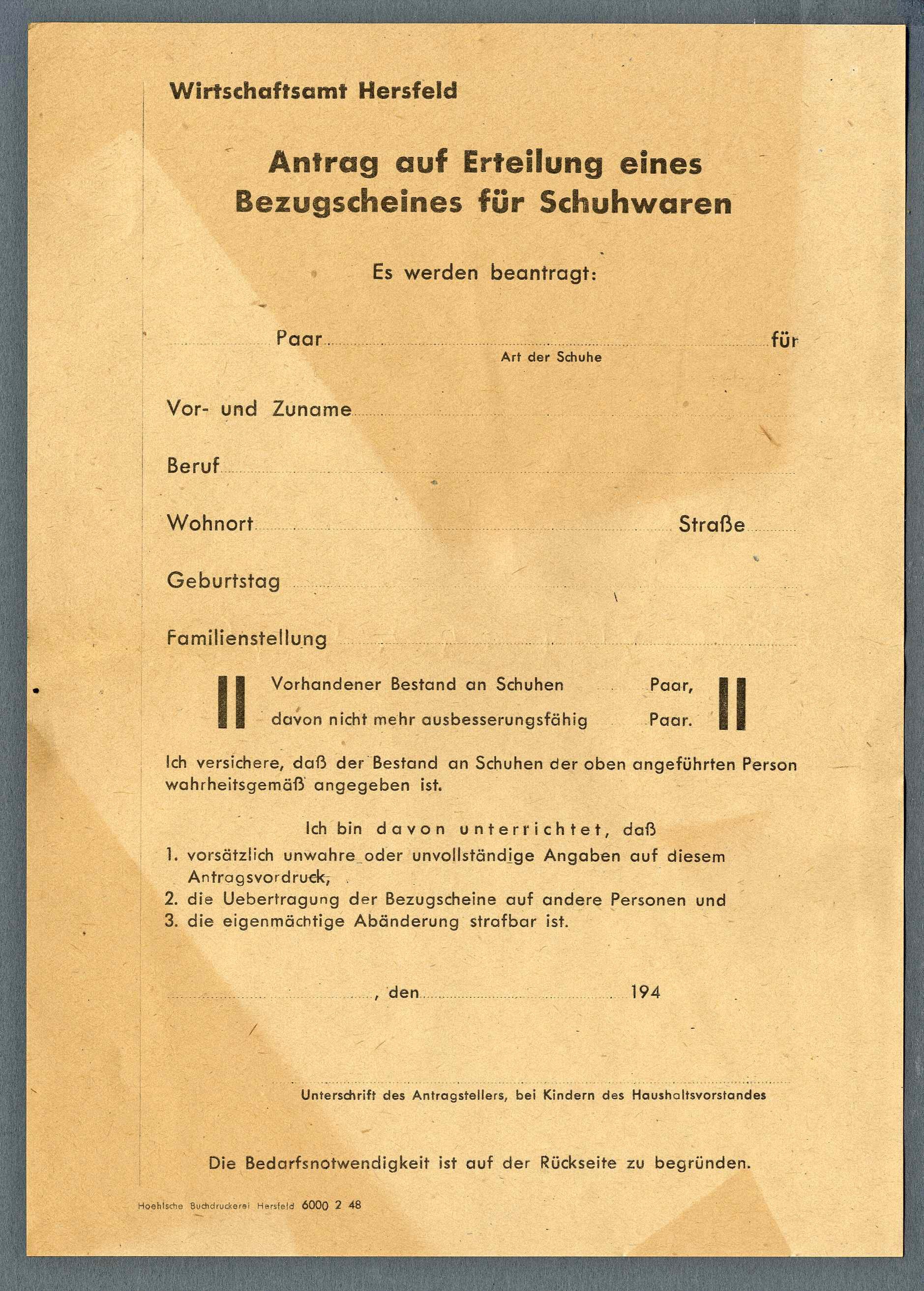 Antrag auf einen Bezugschein 'Schuhwaren' (Werra-Kalibergbau-Museum, Heringen/W. CC BY-NC-SA)