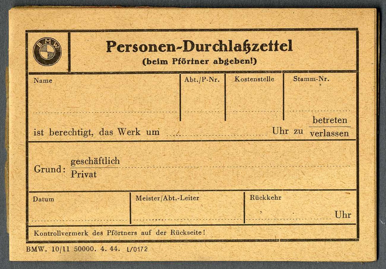 Durchlasszettel / Ärztliche Bescheinigung, Bayerische Motoren Werke (BMW) (Werra-Kalibergbau-Museum, Heringen/W. CC BY-NC-SA)