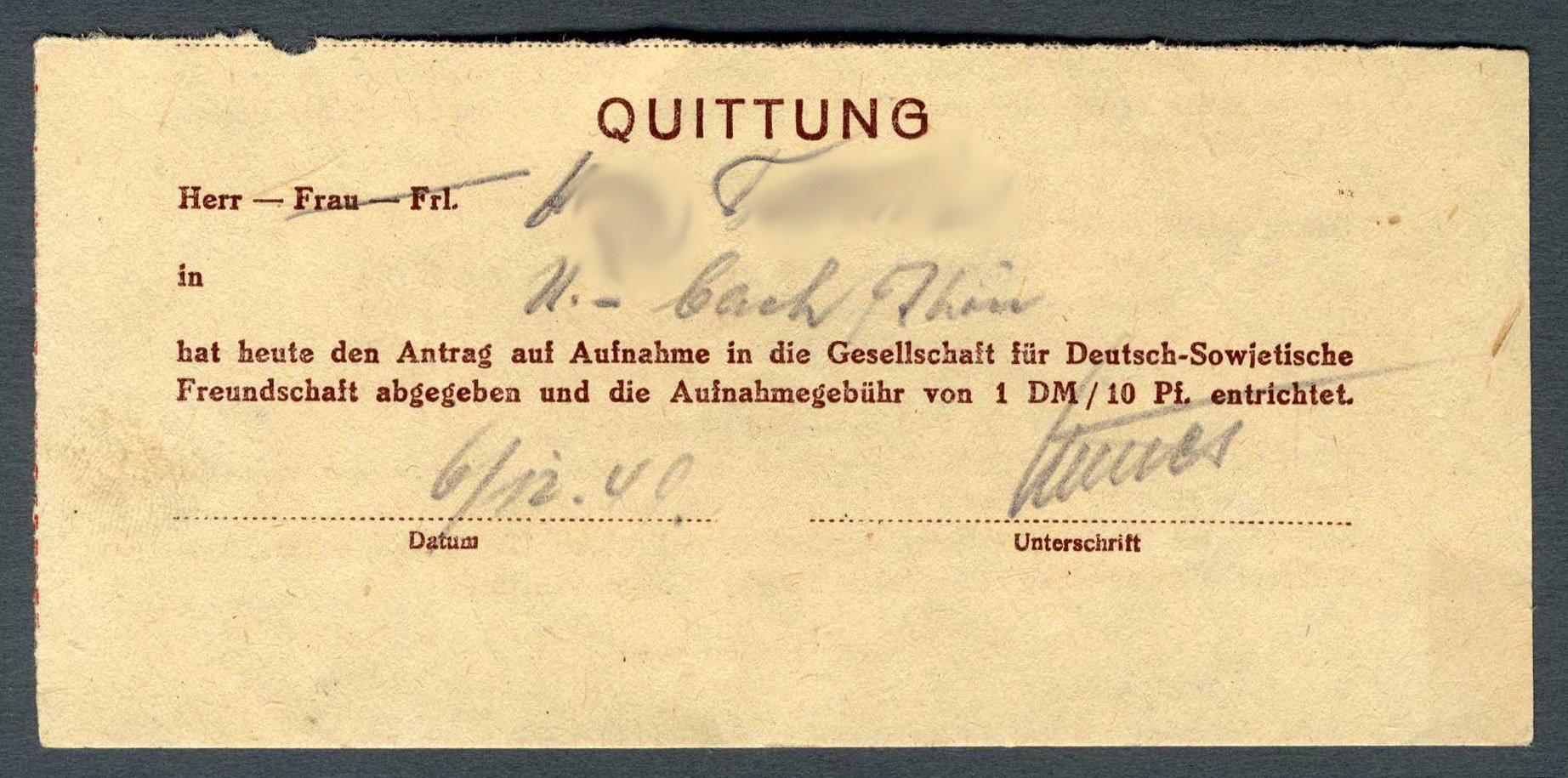 Quittung für Mitgliedsantrag 'Gesellschaft für Deutsch-Sowjetische Freundschaft' (Werra-Kalibergbau-Museum, Heringen/W. CC BY-NC-SA)