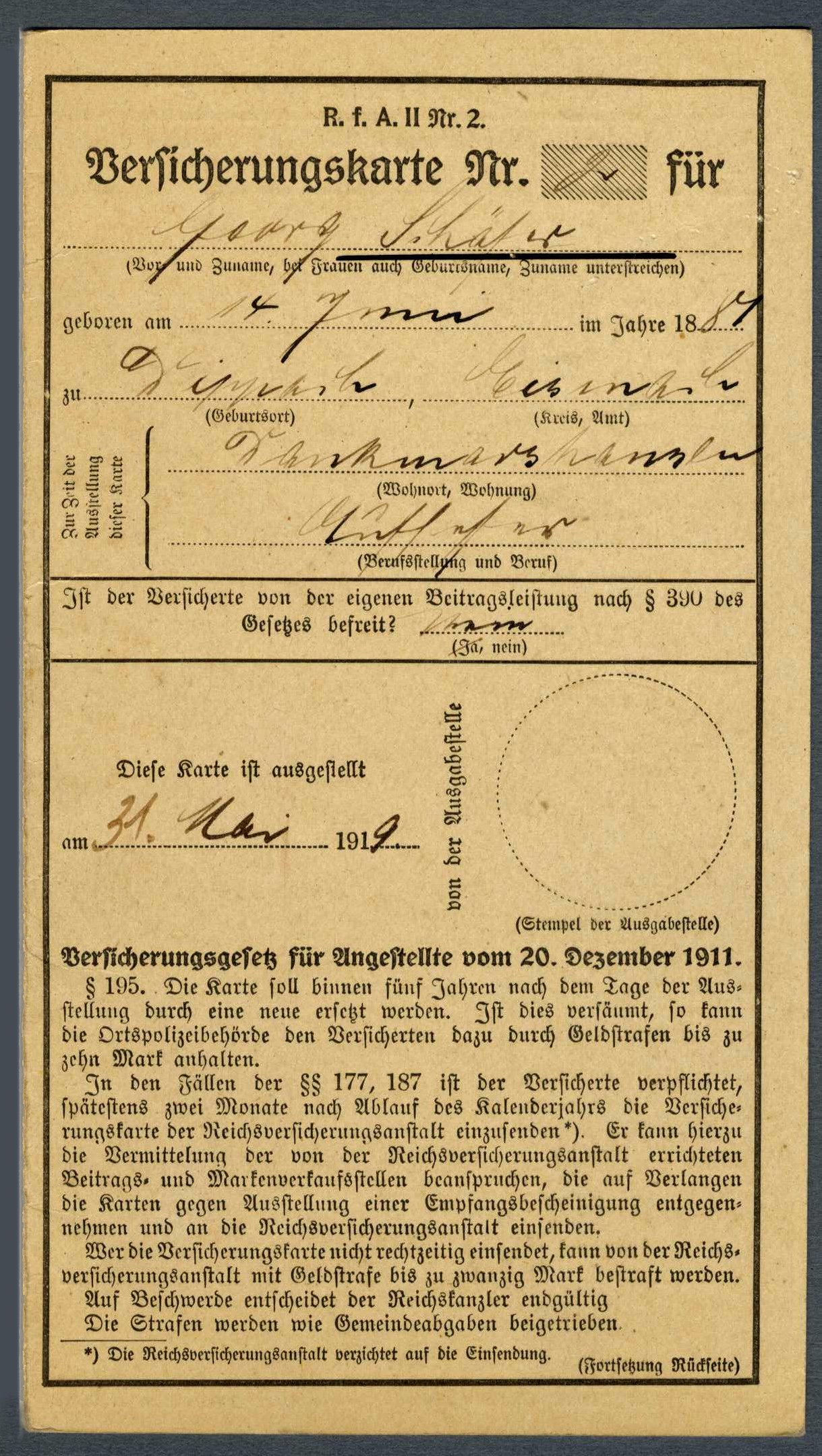 Versicherungskarte der Reichsversicherungsanstalt (R. f. A. II Nr. 2.) (Werra-Kalibergbau-Museum, Heringen/W. CC BY-NC-SA)