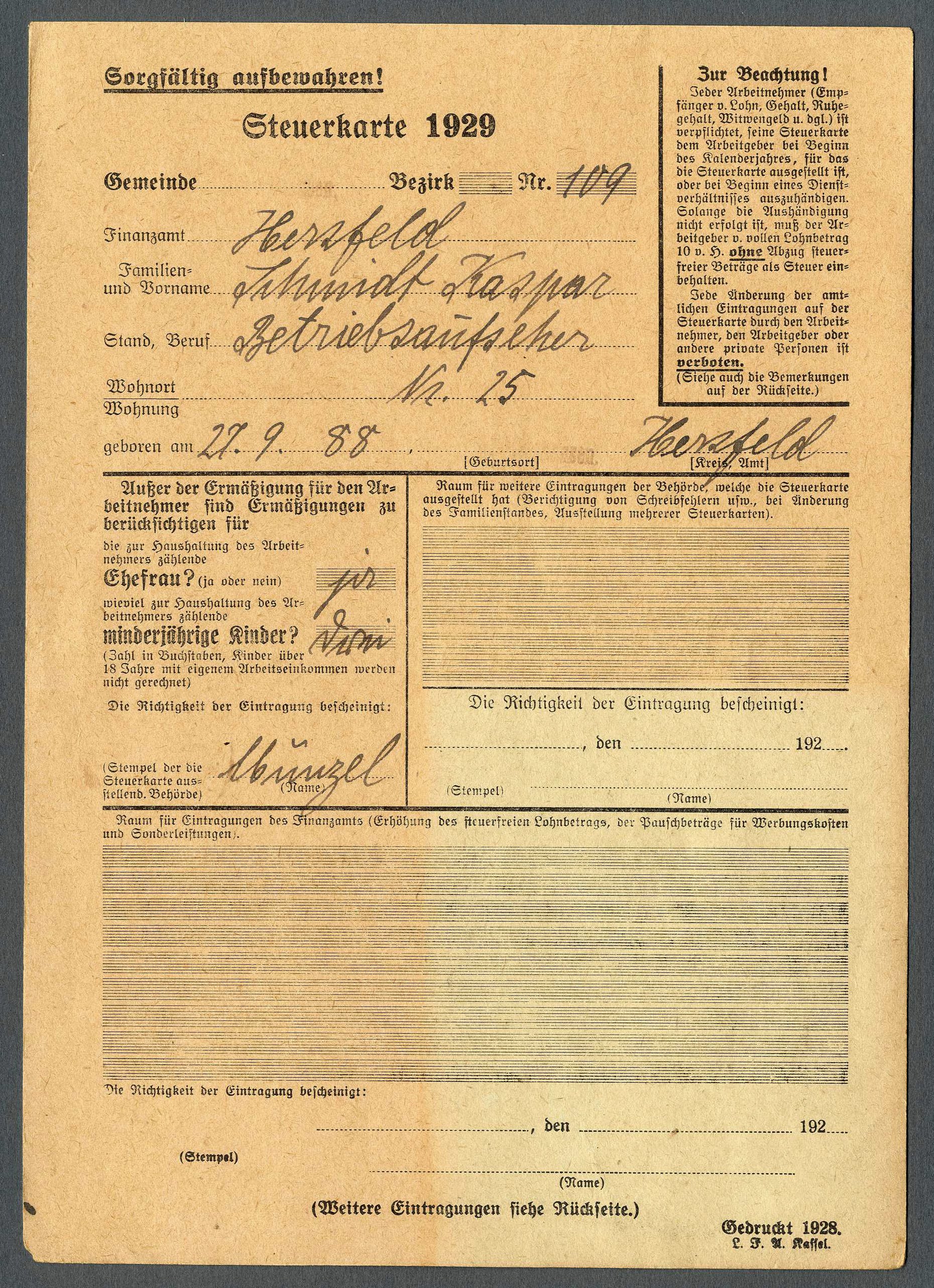 Steuerkarte 1929 (Werra-Kalibergbau-Museum, Heringen/W. CC BY-NC-SA)