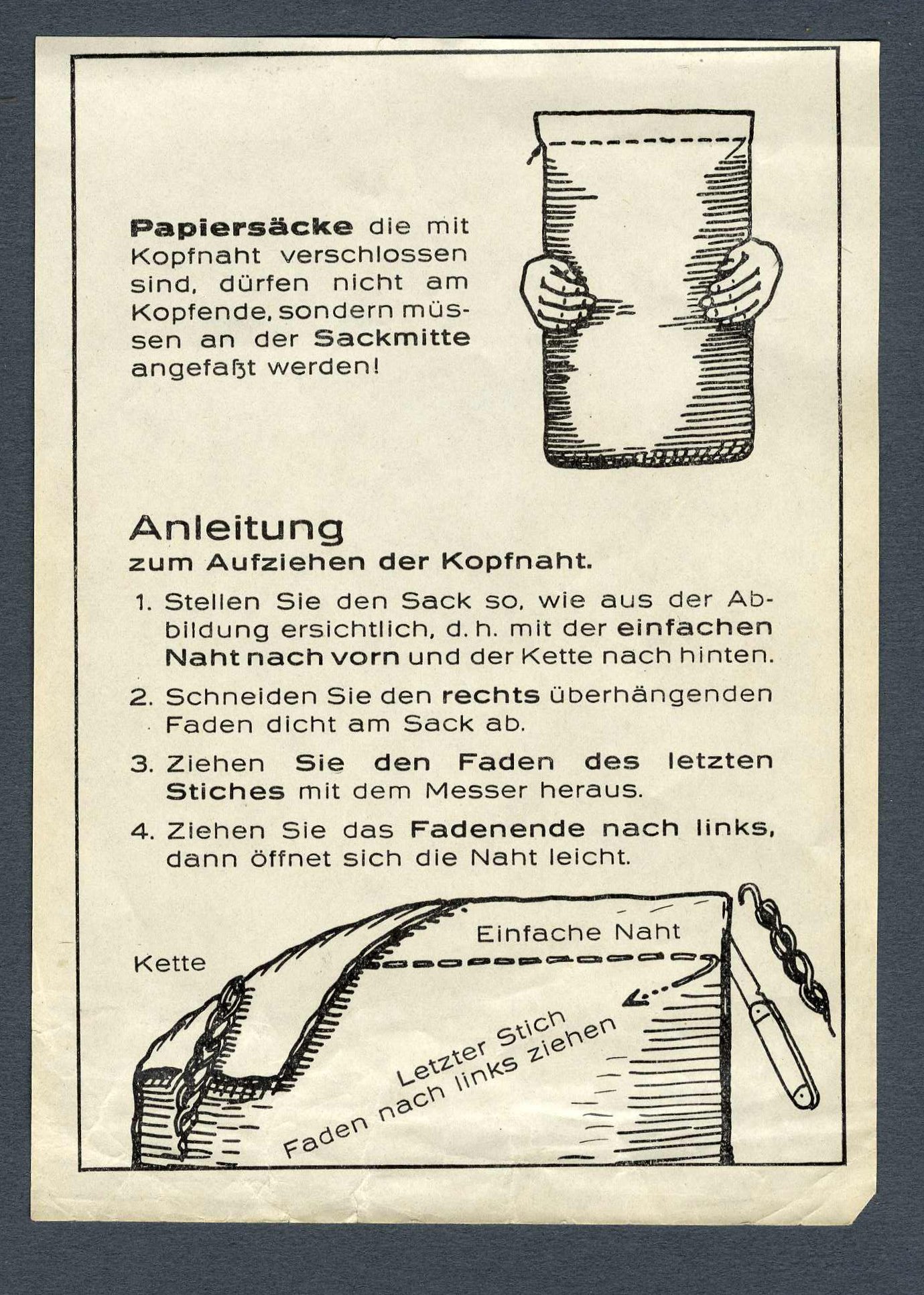 Anleitung zum Öffnen von Papiersäcken (Werra-Kalibergbau-Museum, Heringen/W. CC BY-NC-SA)
