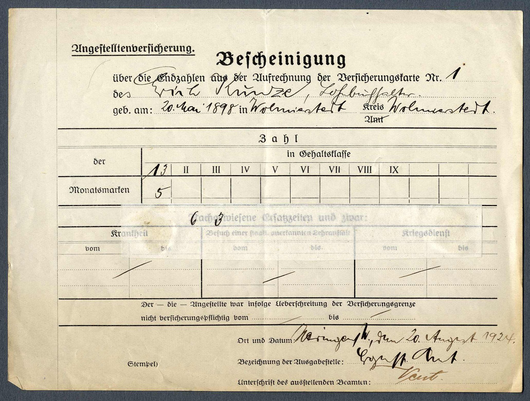 Bescheinigung für die Angestelltenversicherung (Werra-Kalibergbau-Museum, Heringen/W. CC BY-NC-SA)
