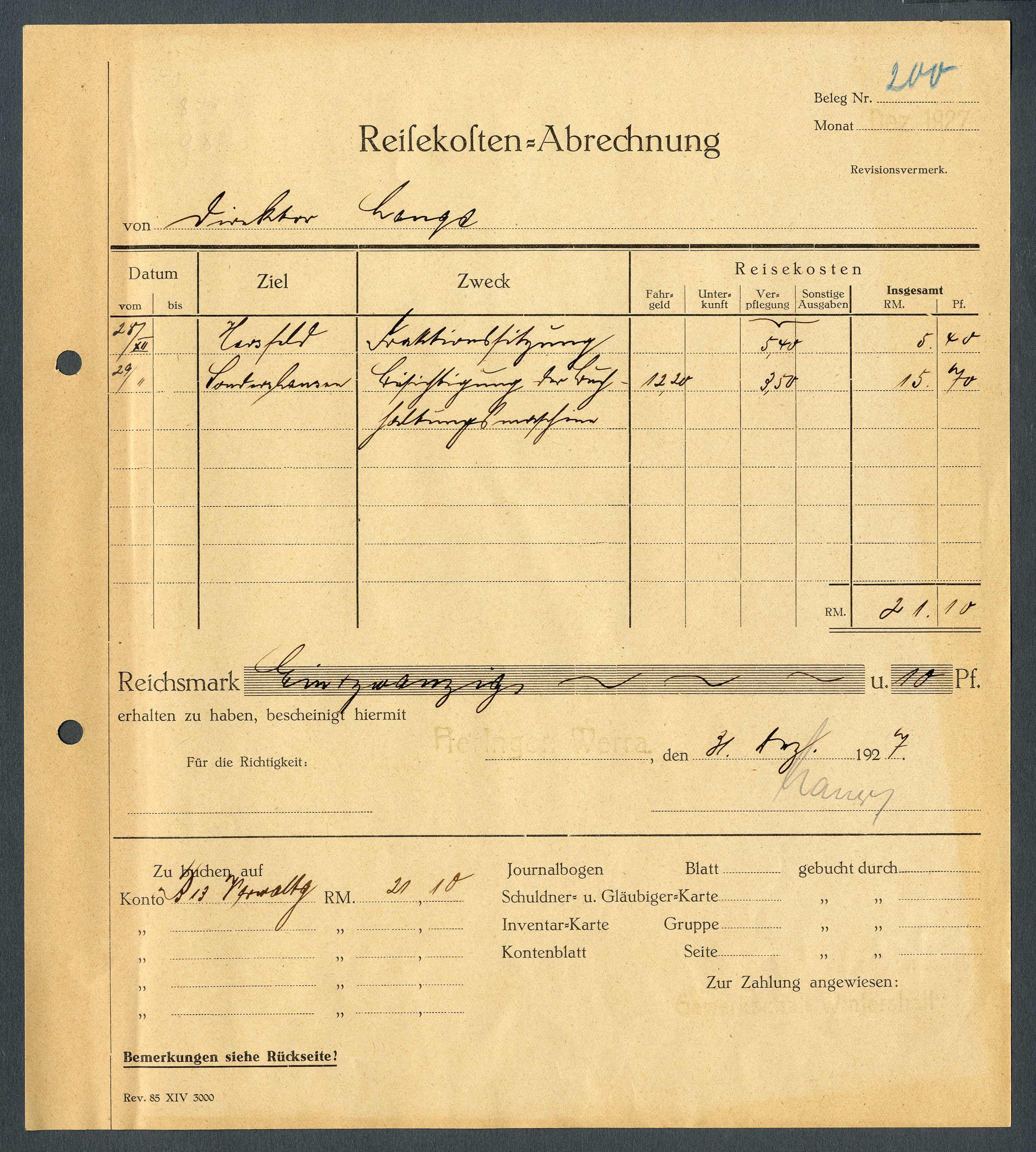 Reisekostenabrechnung 'Gewerkschaft Wintershall' (Werra-Kalibergbau-Museum, Heringen/W. CC BY-NC-SA)