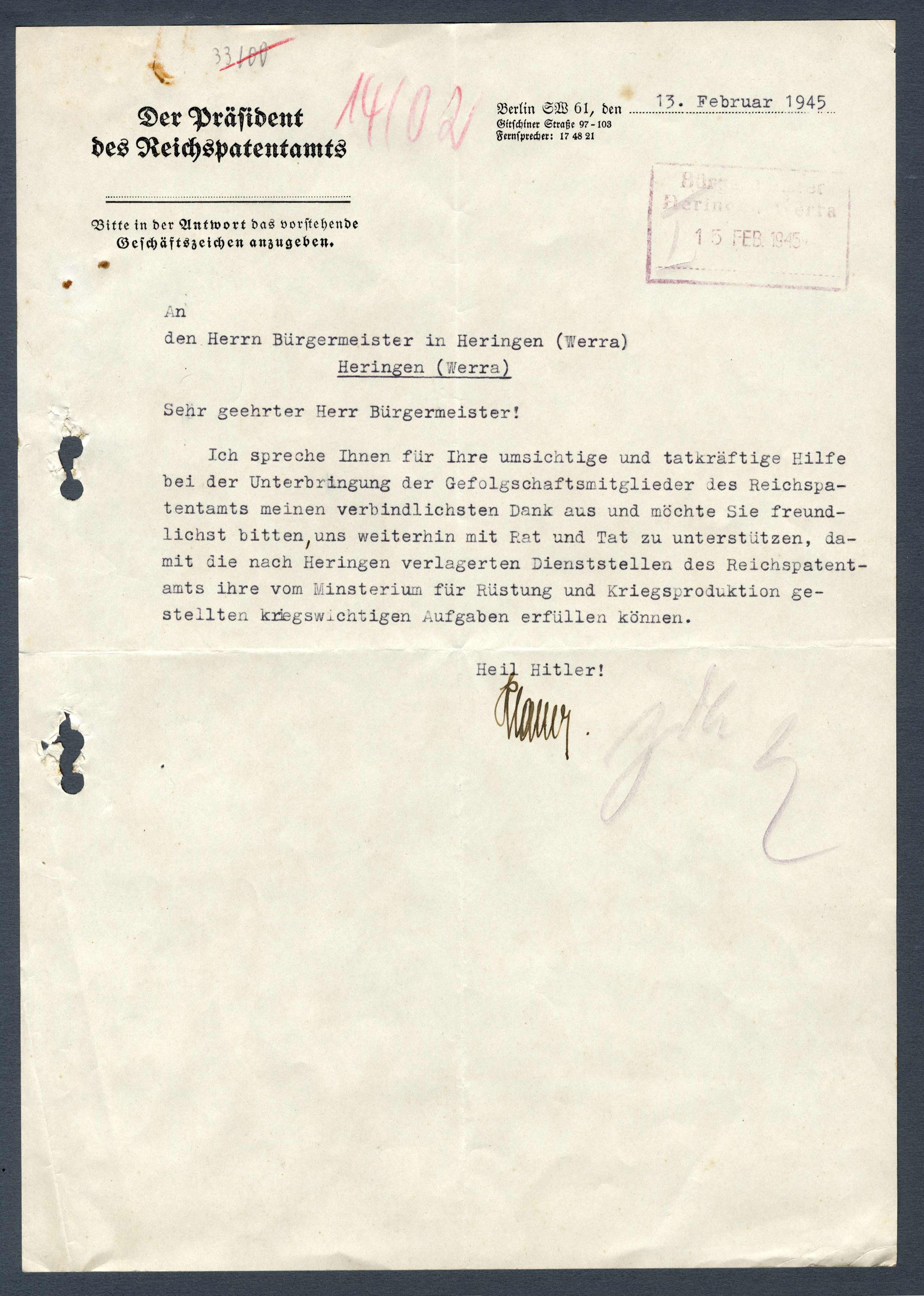 Dankschreiben des Präsidenten des Reichspatentamts an den Bürgermeister in Heringen (Werra-Kalibergbau-Museum, Heringen/W. CC BY-NC-SA)