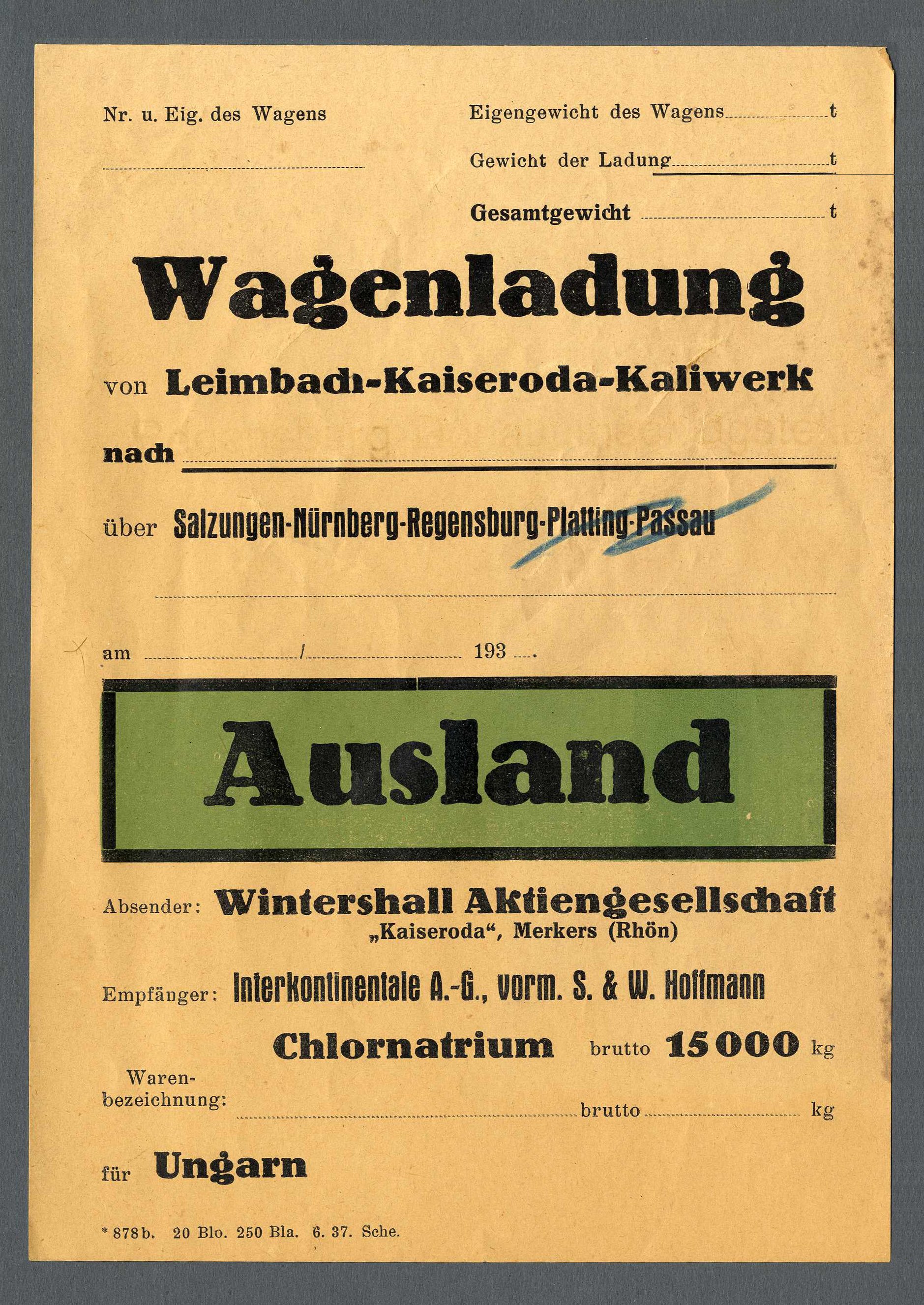 Warenbegleitzettel für Kaliversand per Eisenbahn nach Ungarn (Werra-Kalibergbau-Museum, Heringen/W. CC BY-NC-SA)
