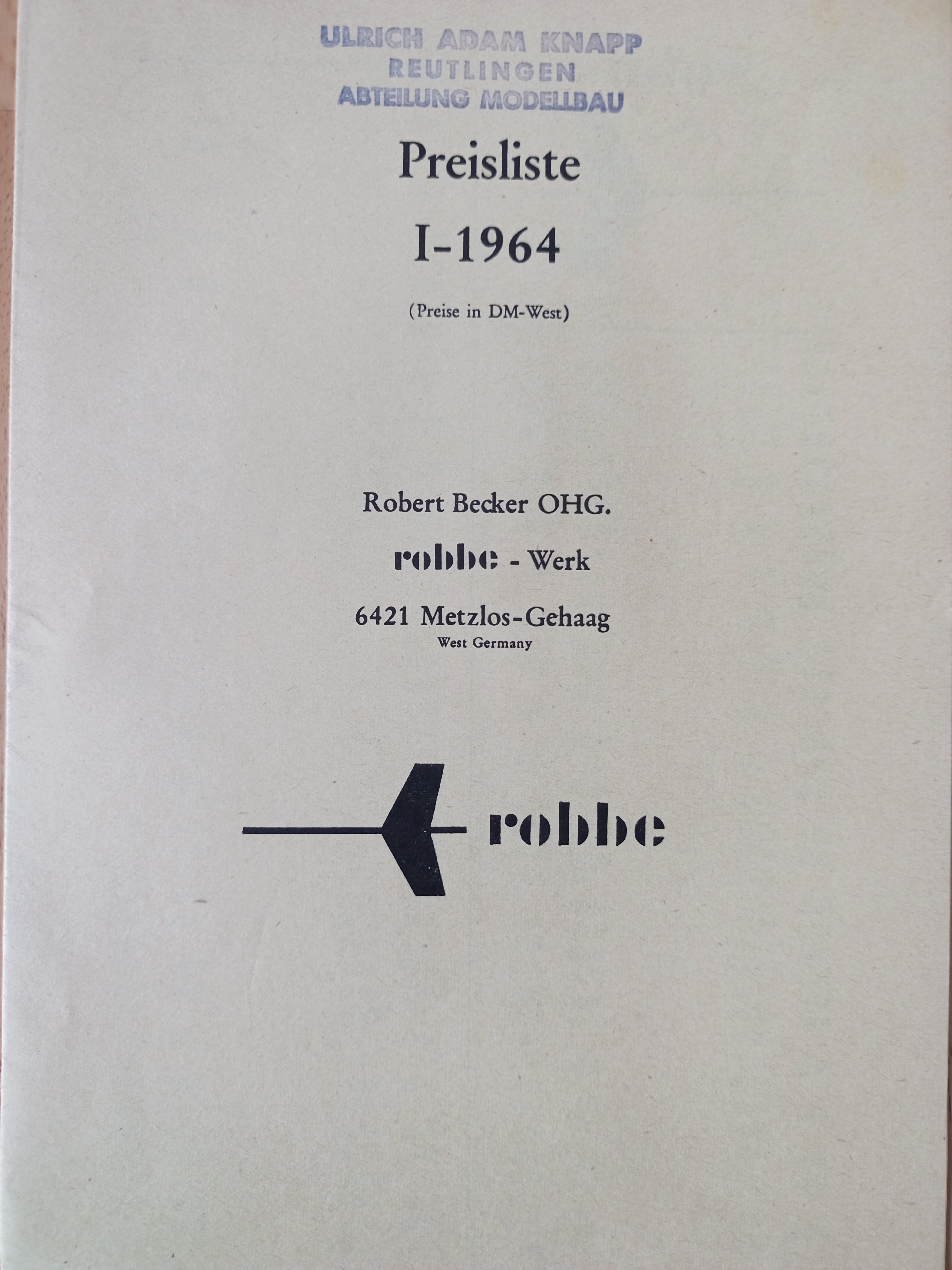 Preisliste I-1964 robbe (Deutsches Segelflugmuseum mit Modellflug CC BY-NC-SA)