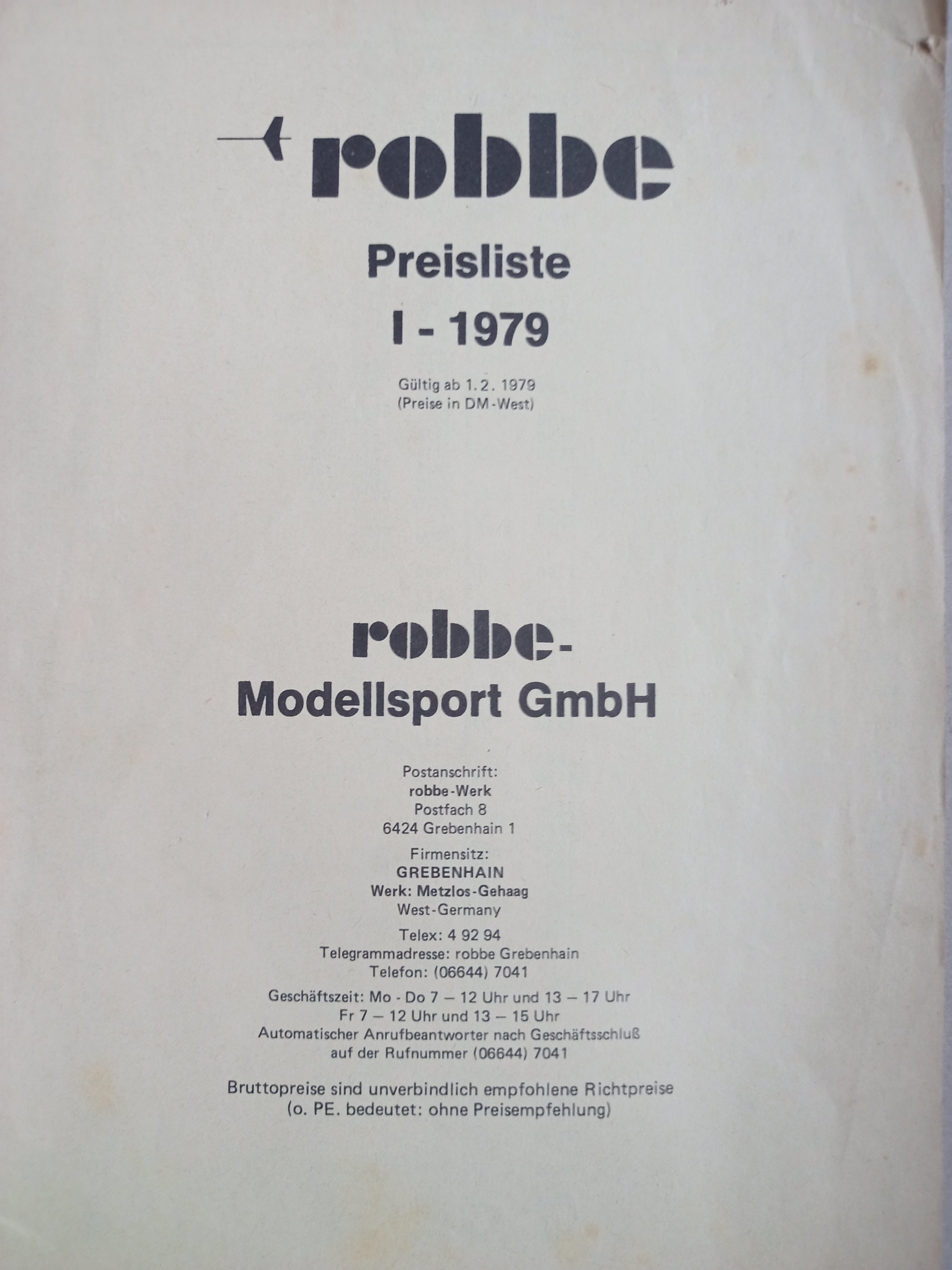 Robbe Preisliste 1979 (Deutsches Segelflugmuseum mit Modellflug CC BY-NC-SA)