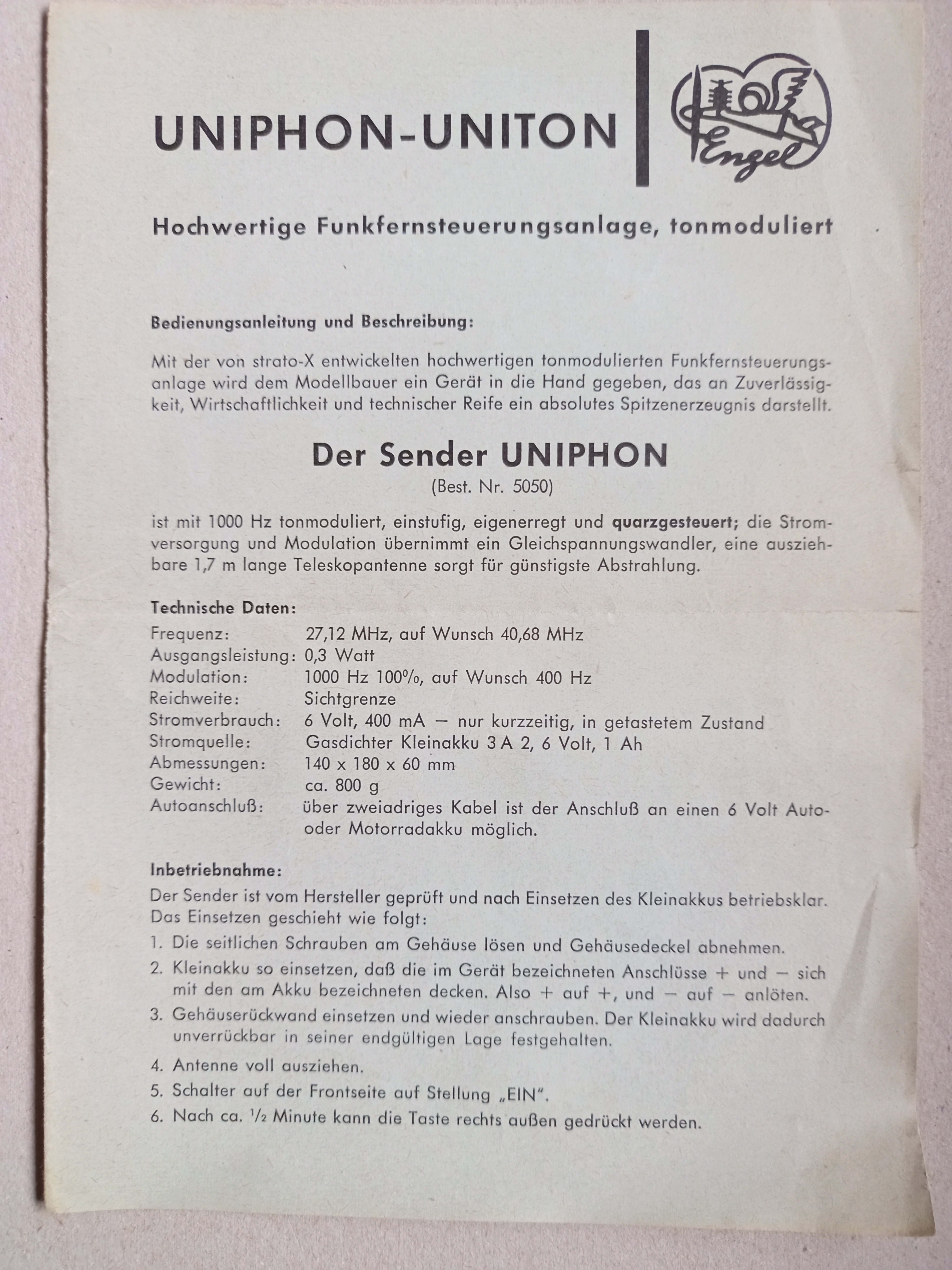 Betriebsanleitung Engel Sender Uniphon (Deutsches Segelflugmuseum mit Modellflug CC BY-NC-SA)