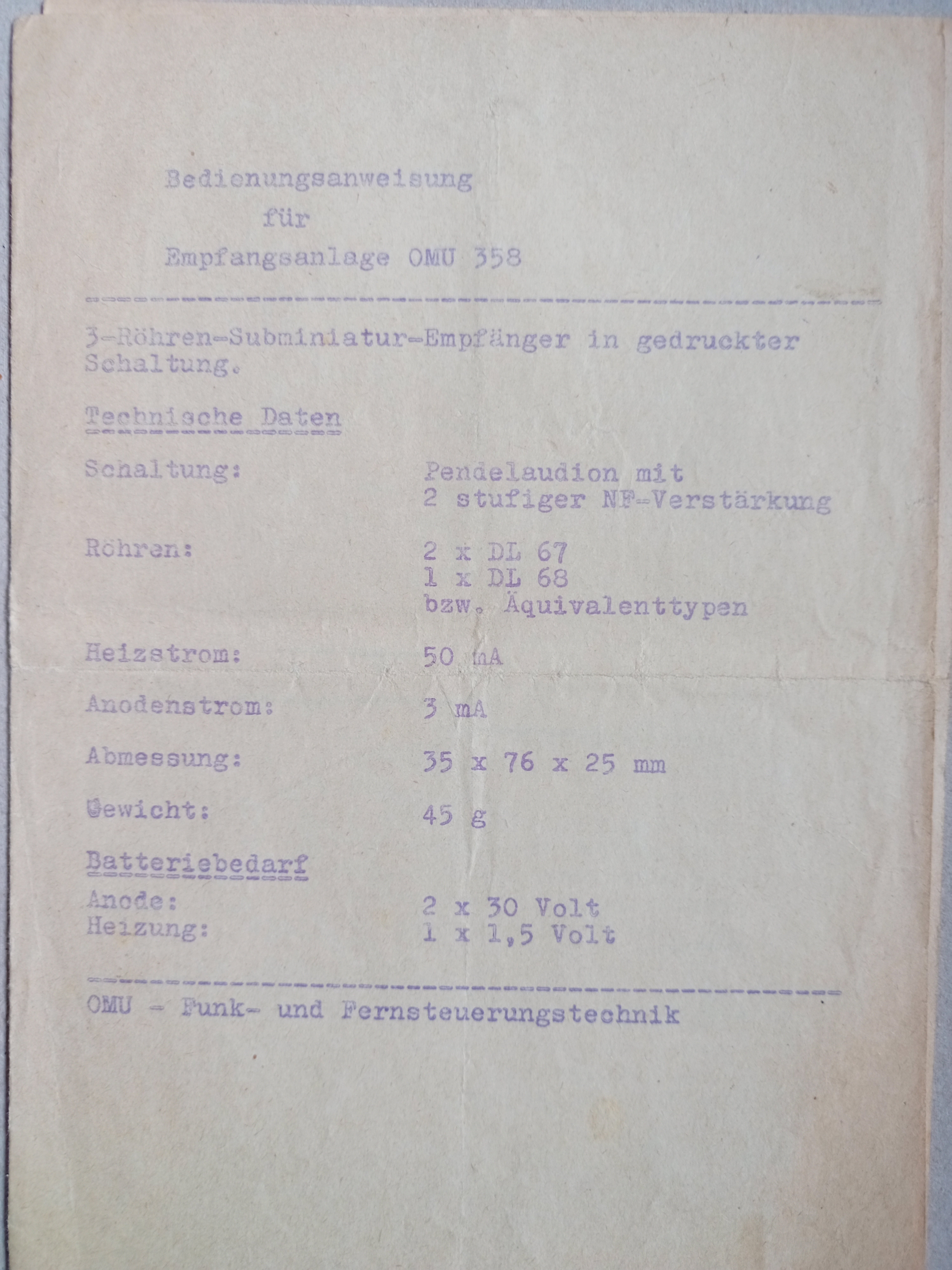 Bedienungsanweisung für Empfangsanlage OMU 358 (Deutsches Segelflugmuseum mit Modellflug CC BY-NC-SA)