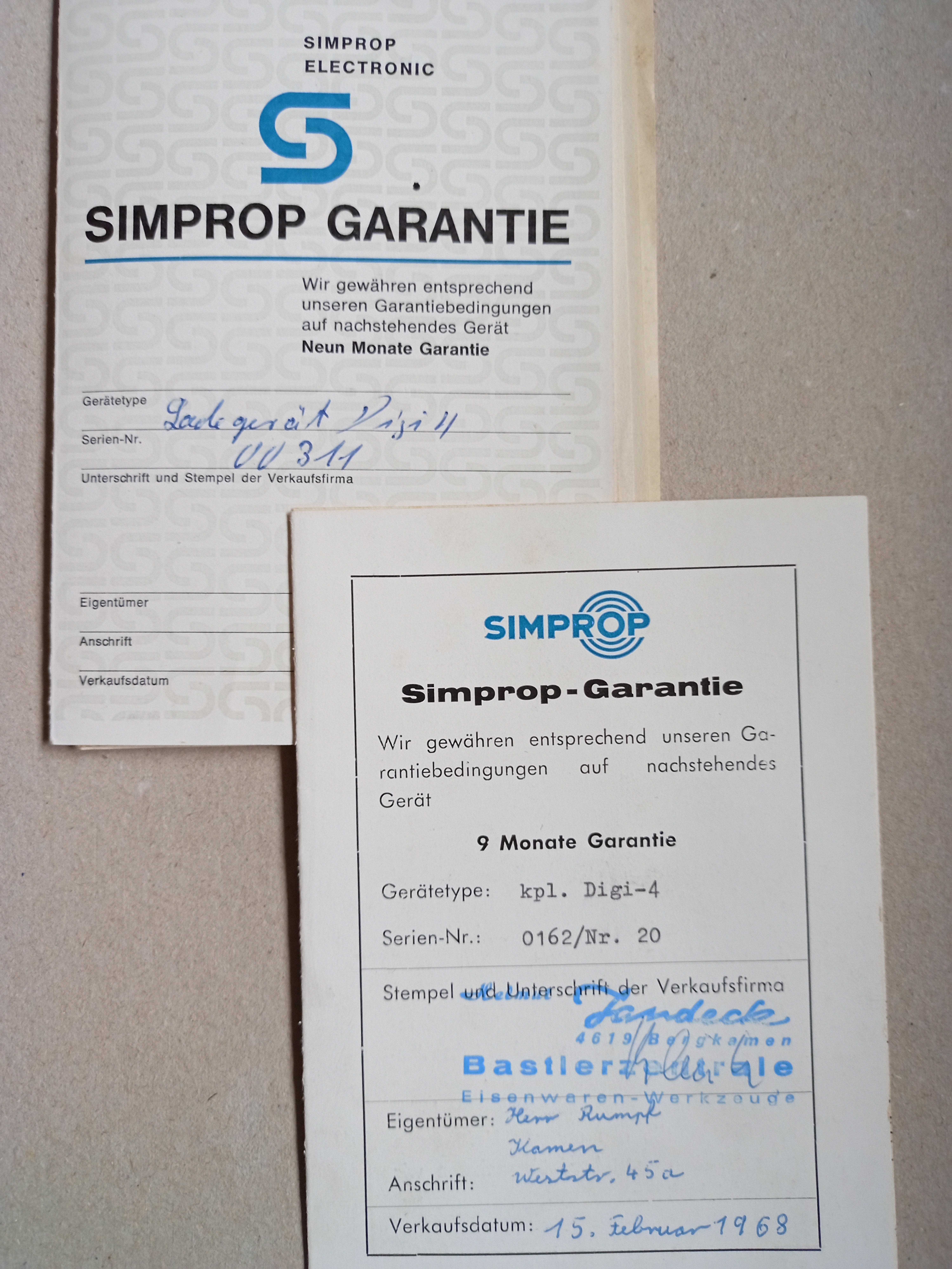 Simprop Garantiekarten 1968 (Deutsches Segelflugmuseum mit Modellflug CC BY-NC-SA)