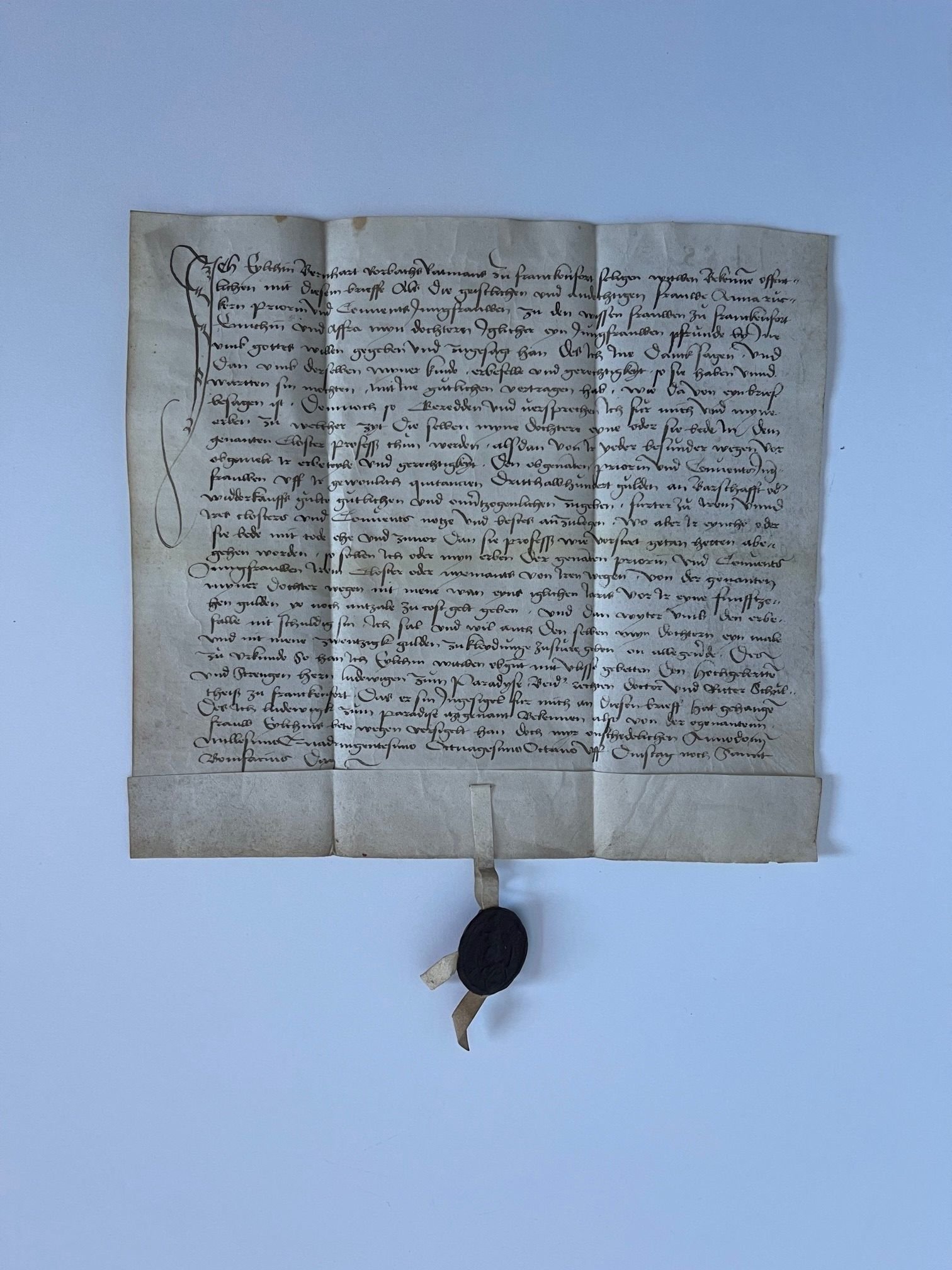 Urkunde von Elgin von Holzhausen, Frau von Bernhardt Rorbach, Schenkung an das Weißfrauenstift, 1488 (Taunus-Rhein-Main - Regionalgeschichtliche Sammlung Dr. Stefan Naas CC BY-NC-SA)